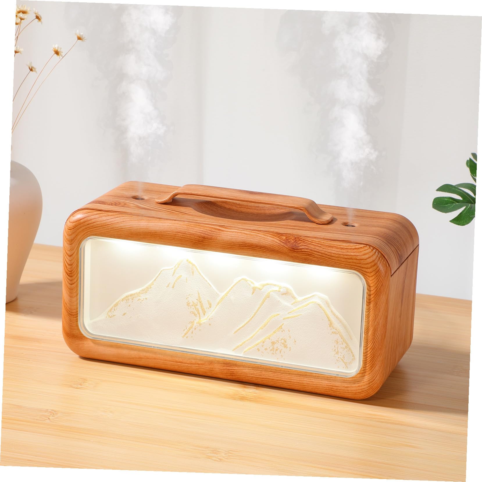 Mini Umidificatore da Scrivania con Doppia Nebulizzazione Silenziosa Design Montagna e Venatura Legno Umidificatore Personale per Ufficio Camera da Letto e Piante