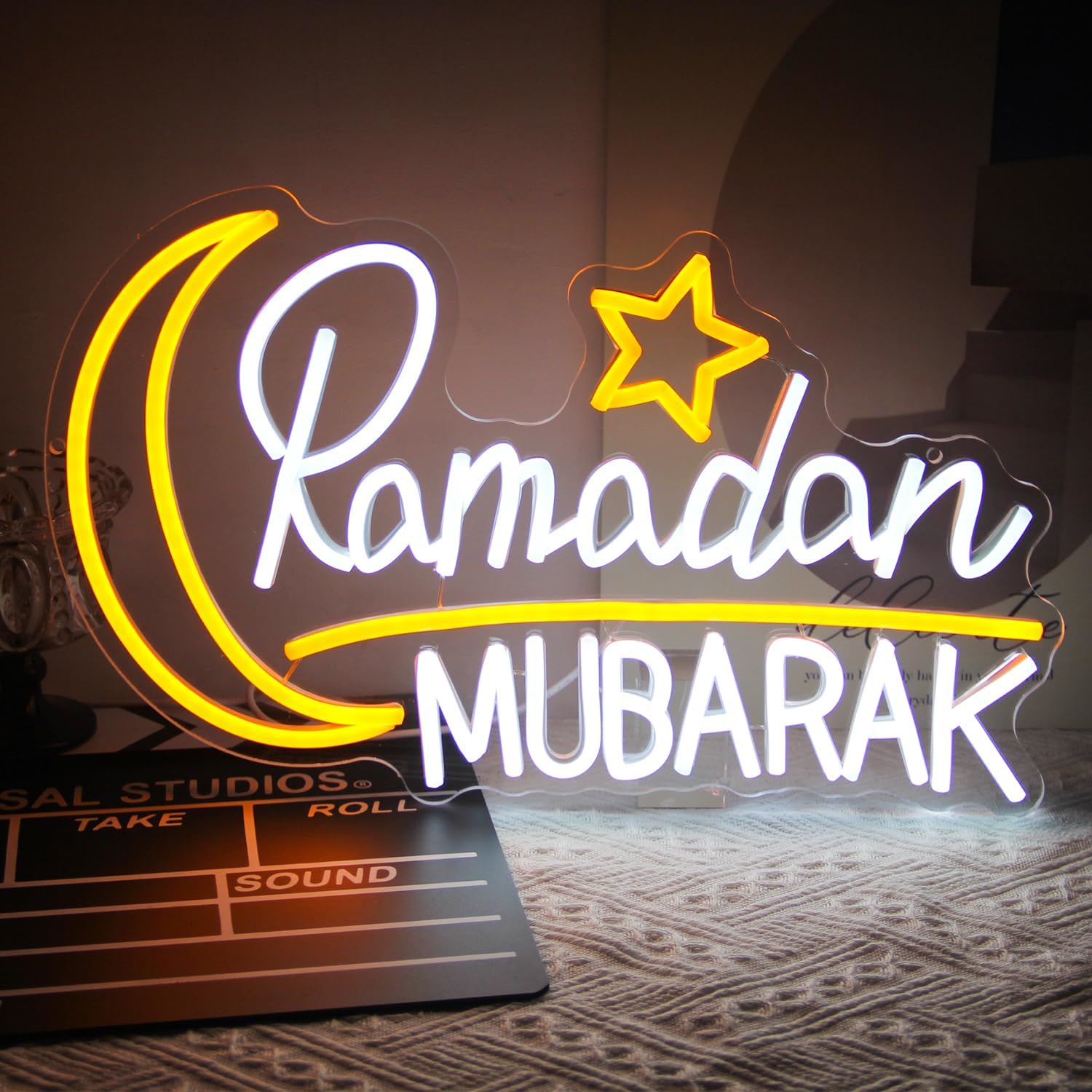 Ramadan Mubarak Neon Sign Islamic Wall Art Eid Mubarak Sign Moon Star LED Neon Light Dimmable Ramadan Neon LED Sign Bismillah Wall Sign Ramadan Mubarak Decorations Eid Al Fitr Supplies