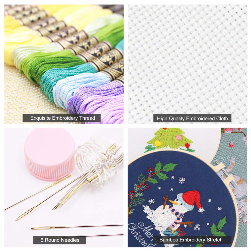 Kit Broderie Point De Croix Noël FOGAWA - 3 Motifs (Sapin, Joyeux Noël, Bonhomme De Neige) - Débutants - Avec Cerceau, Fils, Aiguilles