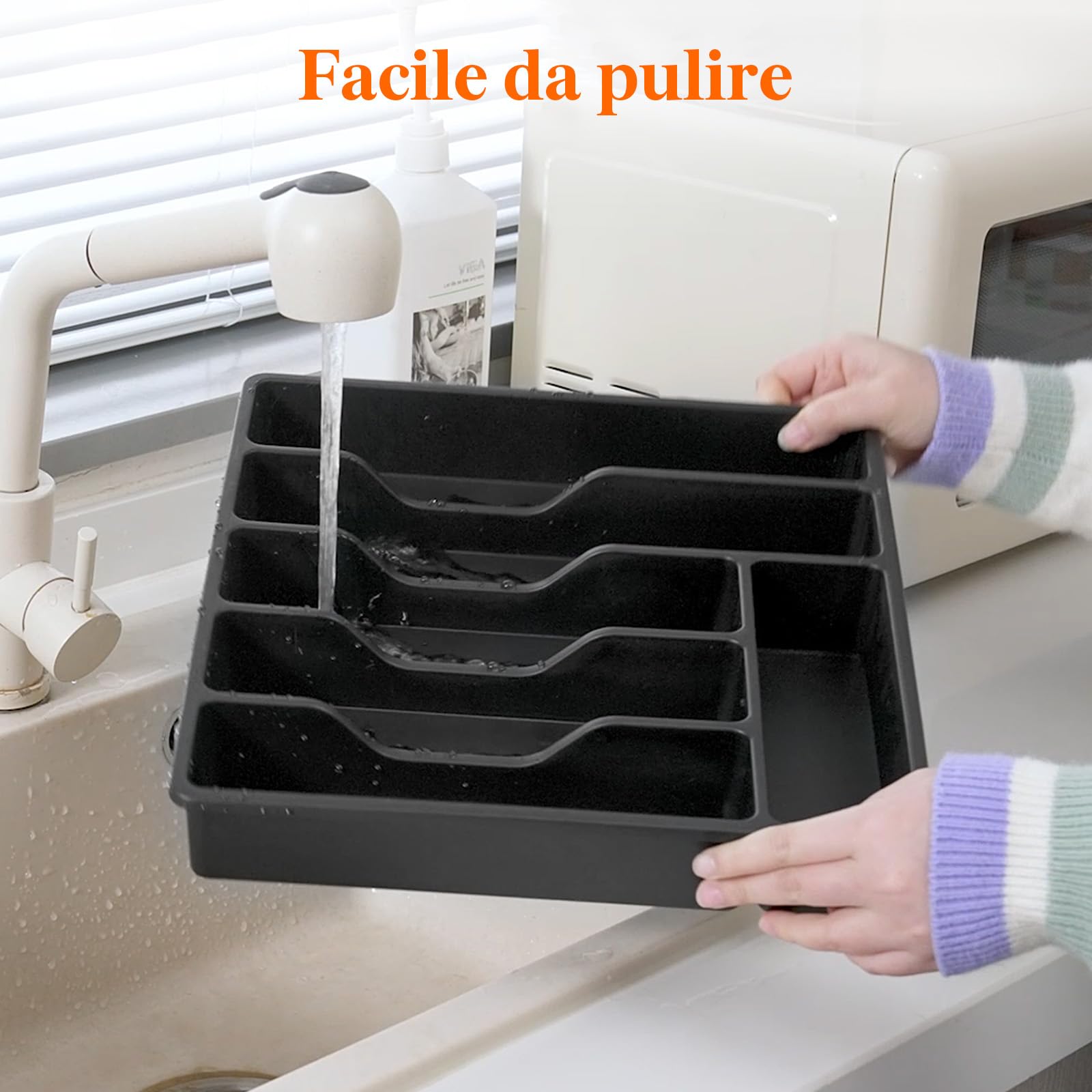 Lifewit Portaposate con Coperchio, Contenitore Porta Posate da Cassetto per Cucina, Organizer in Plastica per Cassetto per Cucchiai, Forchette, Coltelli, 6 Scomparti, Nero