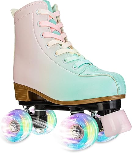 Miniatura 3 de YYW Patines de ruedas para niñas y mujeres, fantásticos patines de piel sintética rosa y verde degradado para niños y jóvenes, patines para