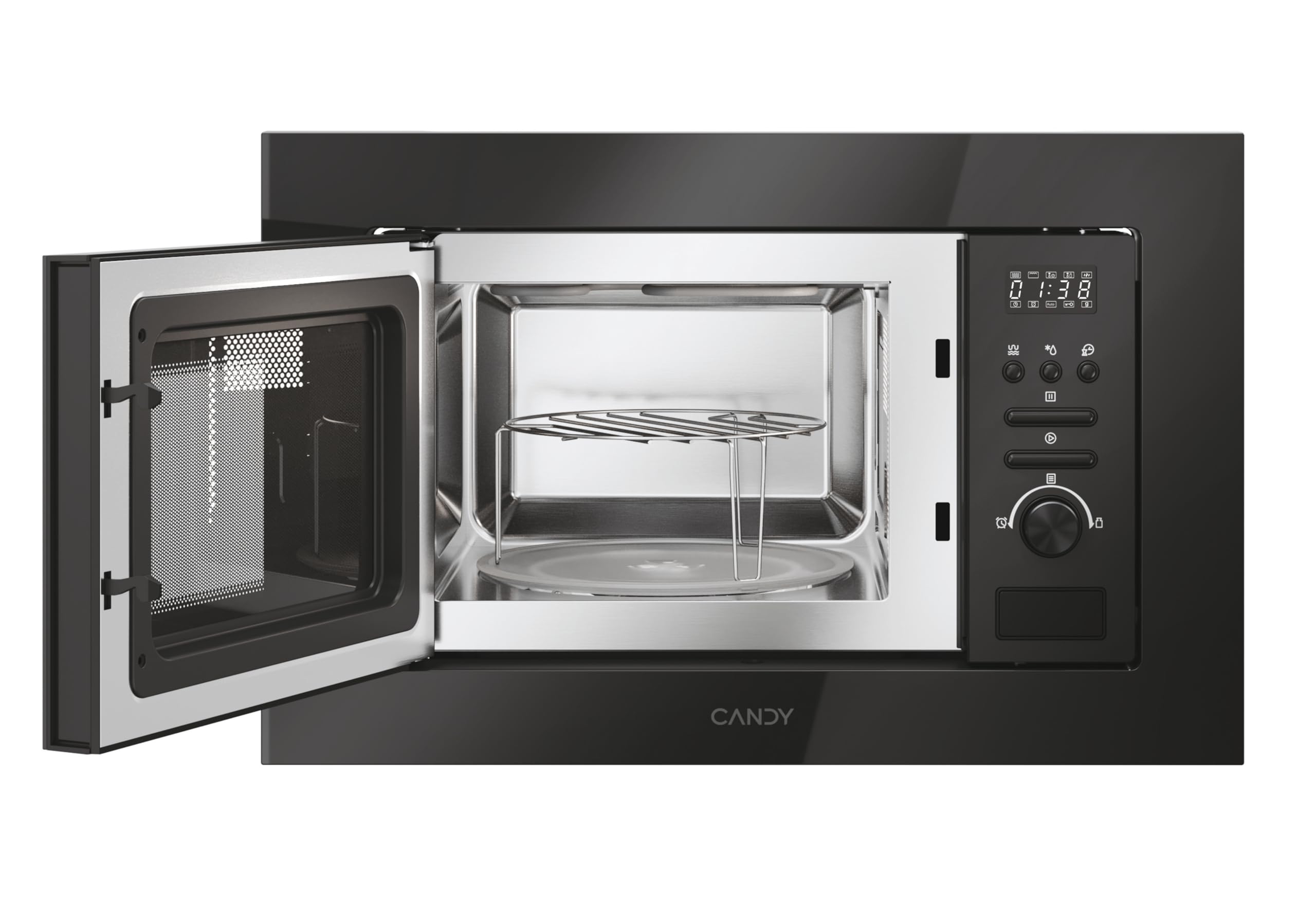Candy Wave 600 Microonde da Incasso con Grill, Capacità 20 Litri, 800W, Grill 1000W, 13 Programmi Automatici, Funzione Defrost, Controllo Elettronico, 59,5x38,8x34,3 cm (LxAxP), Nero, CA20FMW7NB