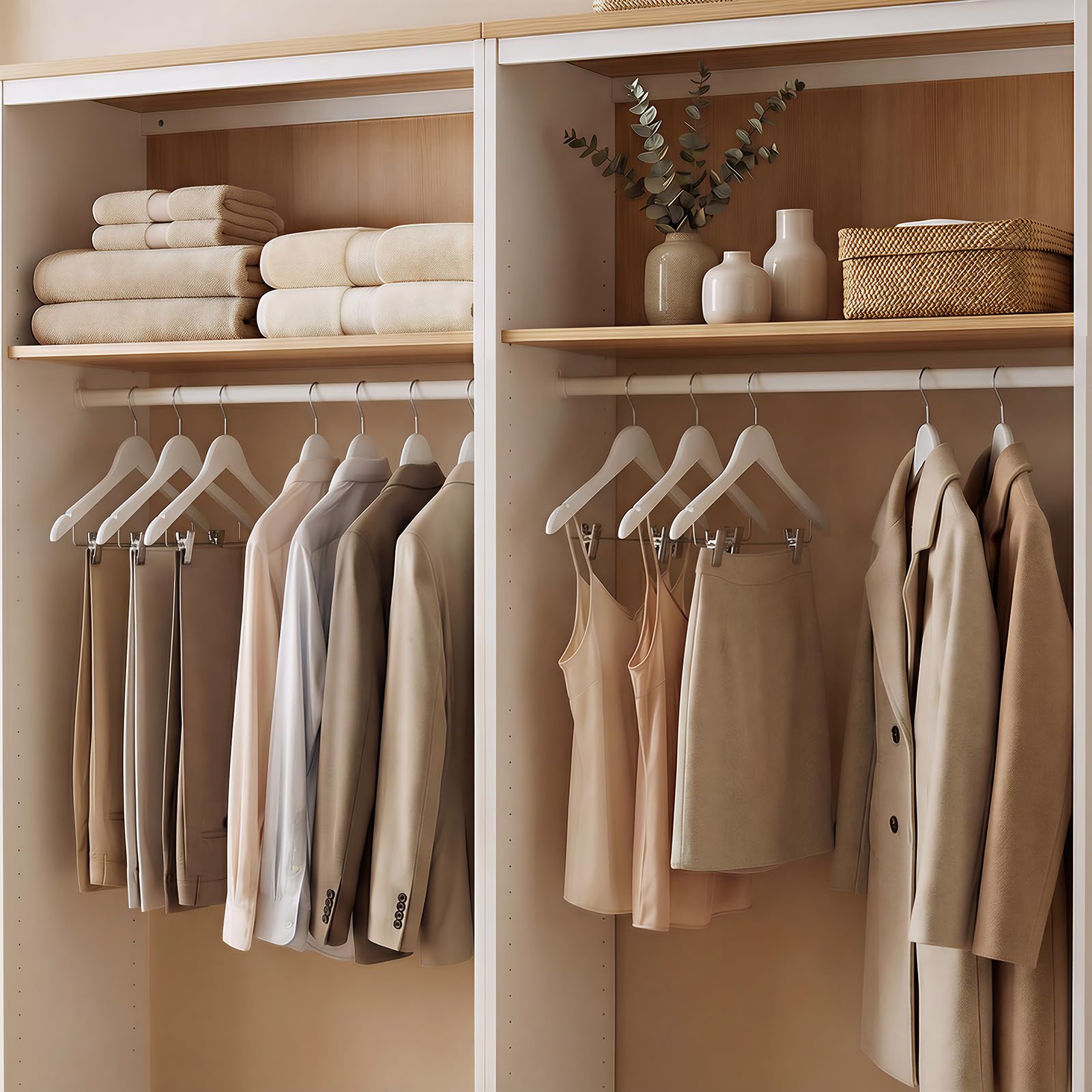 HOUSE DAY Perchas de madera, paquete de 12 perchas con clips, perchas de madera, perchas de madera, acabado suave, perchas de madera de primera calidad para ropa de traje, color blanco