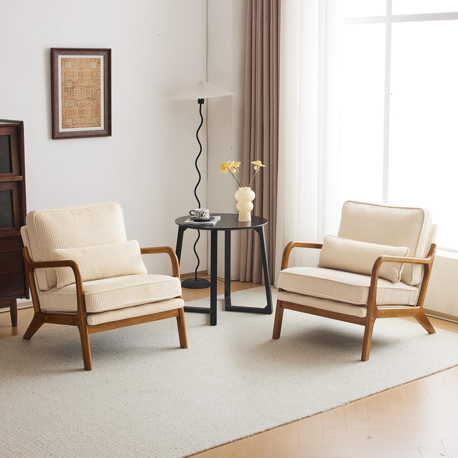 VINGLI Arm Chairs,Mid Century Modern Accent Chairs with Solid Wood Frame,Comfy Upholstered Armchair with Lumbar Pillow,Chairs for Living Room,Bedroom,Small Spaces,Corduroy (Cream White-2pcs)