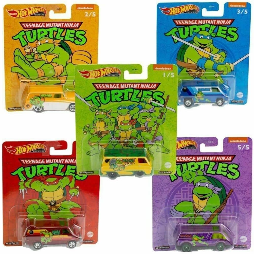 Hot Wheels 2022 Premium Pop Culture TMNT Teenage Mutant Ninja Turtles Complete Set of 5 Die‑Cast Vehicles, 1:64 Scale, DLB45-946N, Ages 3+