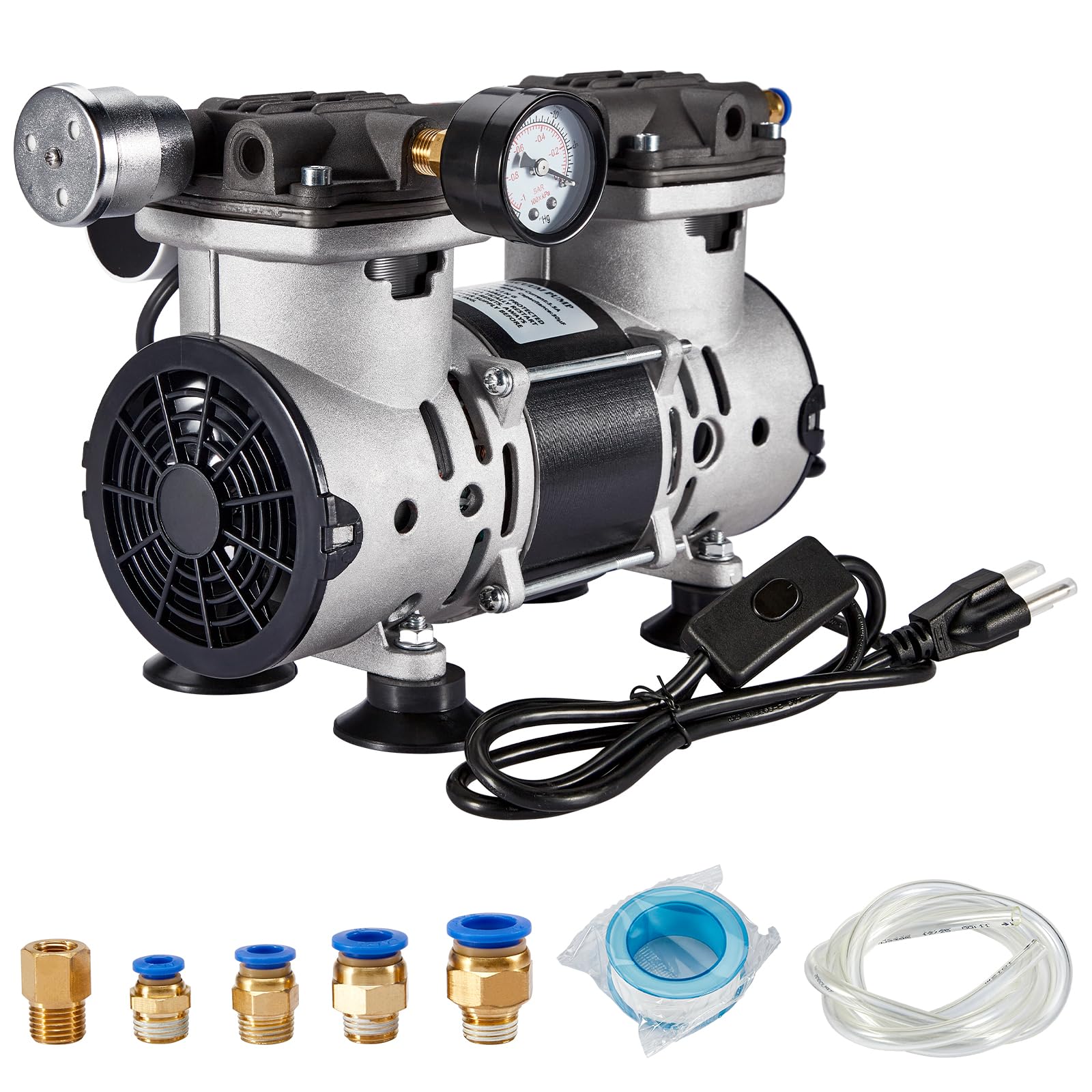 Photo 1 of ScitoLAB Vacuum Pump 85L/Min with Switch, 380W Oilless Pump with Vacuum Meter, Aluminum Silencer and 4 Connectors, for Lab Electronics Industry, 110V