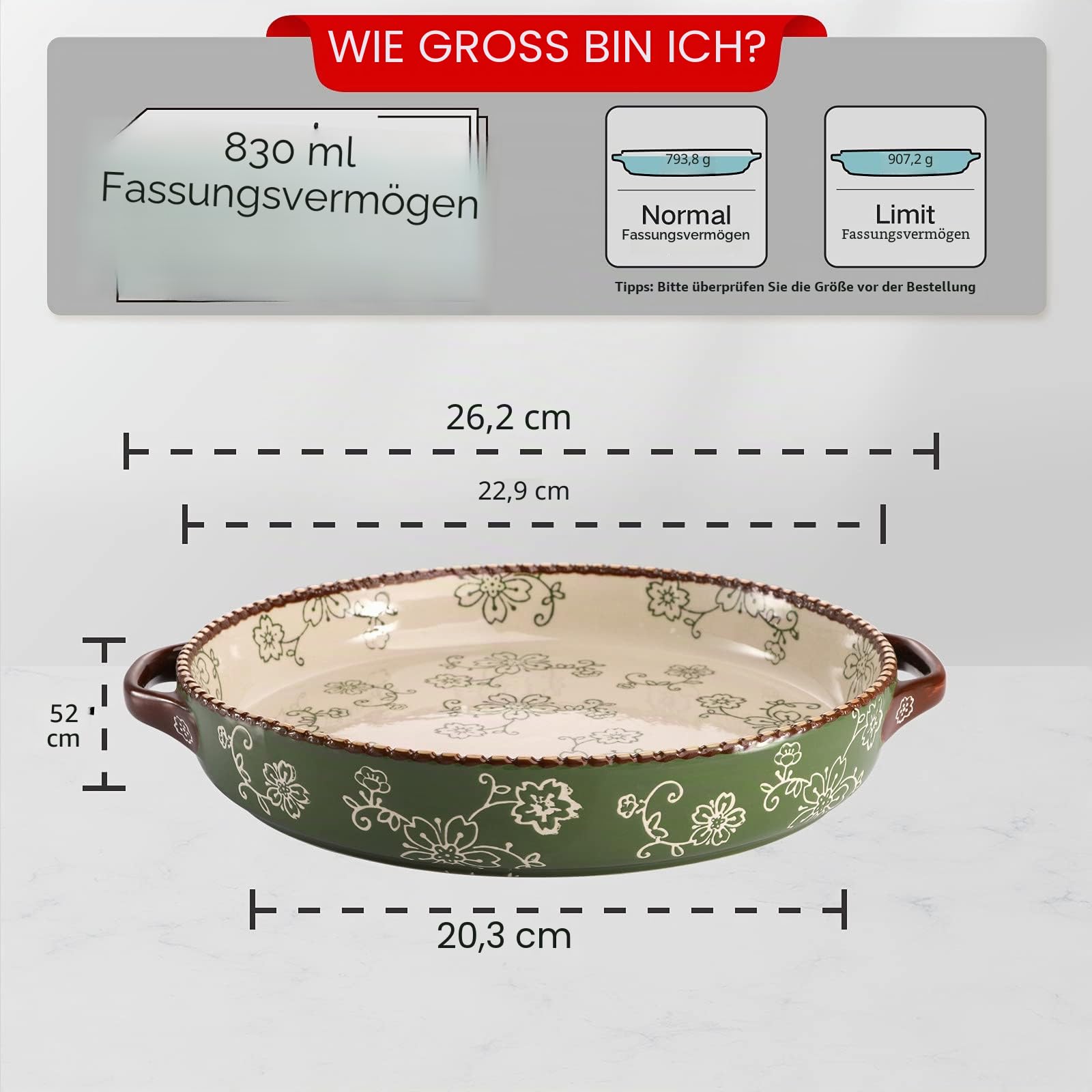 AVLA 2 Stück Keramik-Kuchenform, 22,9 cm, runde Auflaufform mit Doppelgriff, 794 ml, tiefe Quicheplatte für Küche, Kochen, Braten von Lasagne (Sakura, Grün)