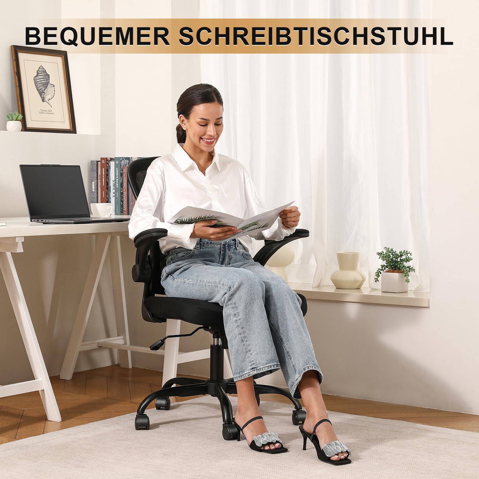 Synorla Bürostuhl Ergonomisch, Schreibtischstuhl mit Tragkraft 150 KG und 90° Hochklappbare Armlehnen, Ergonomischer Bürostuhl mit Höhenverstellbarer Sitzfläche und Verstellbarer Lordosenstütze