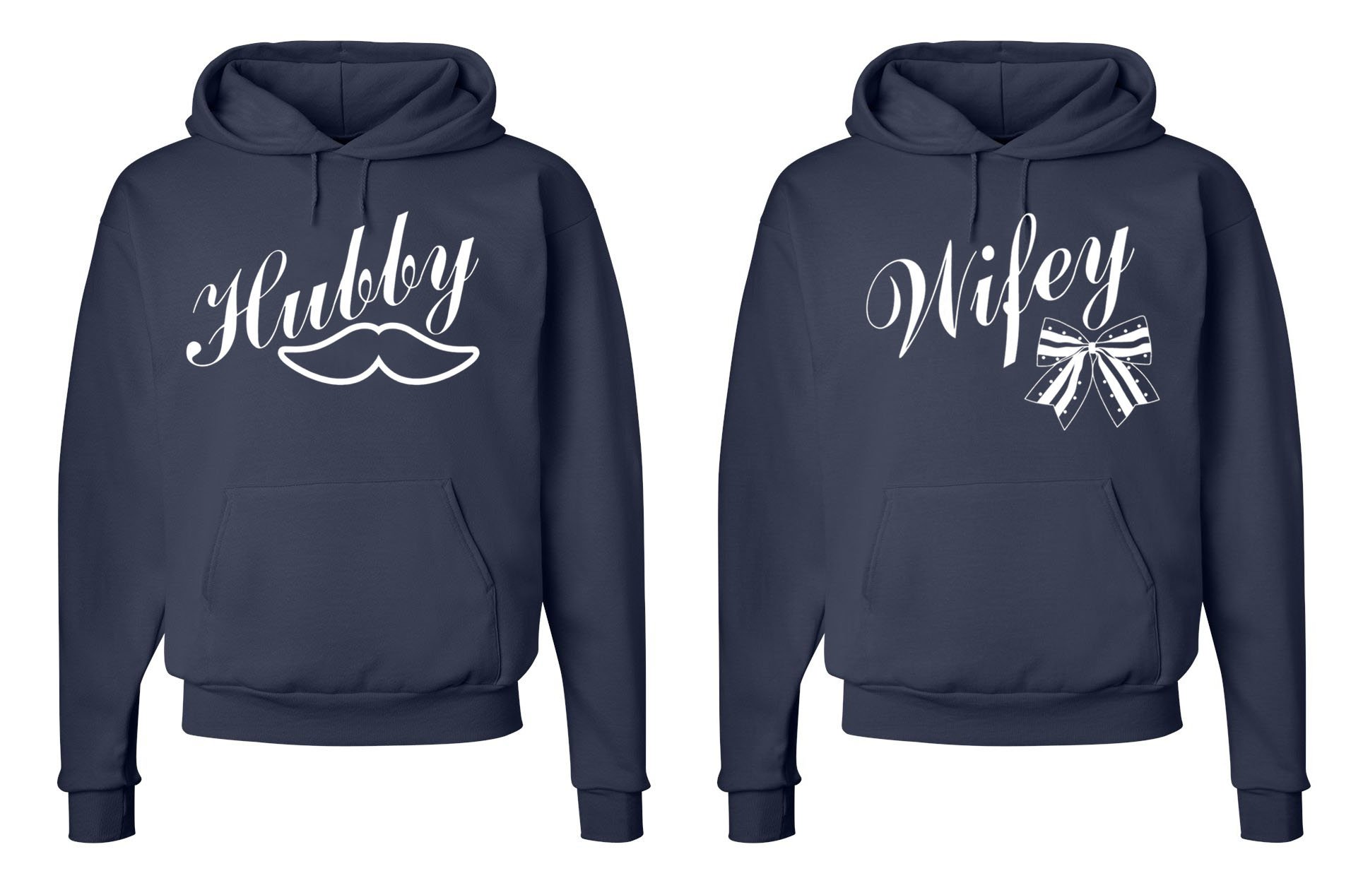 Fasciino Matching His & Hers Couple Sweatshirt Hoodie Set - Hubby Mustache and Wifey Bow