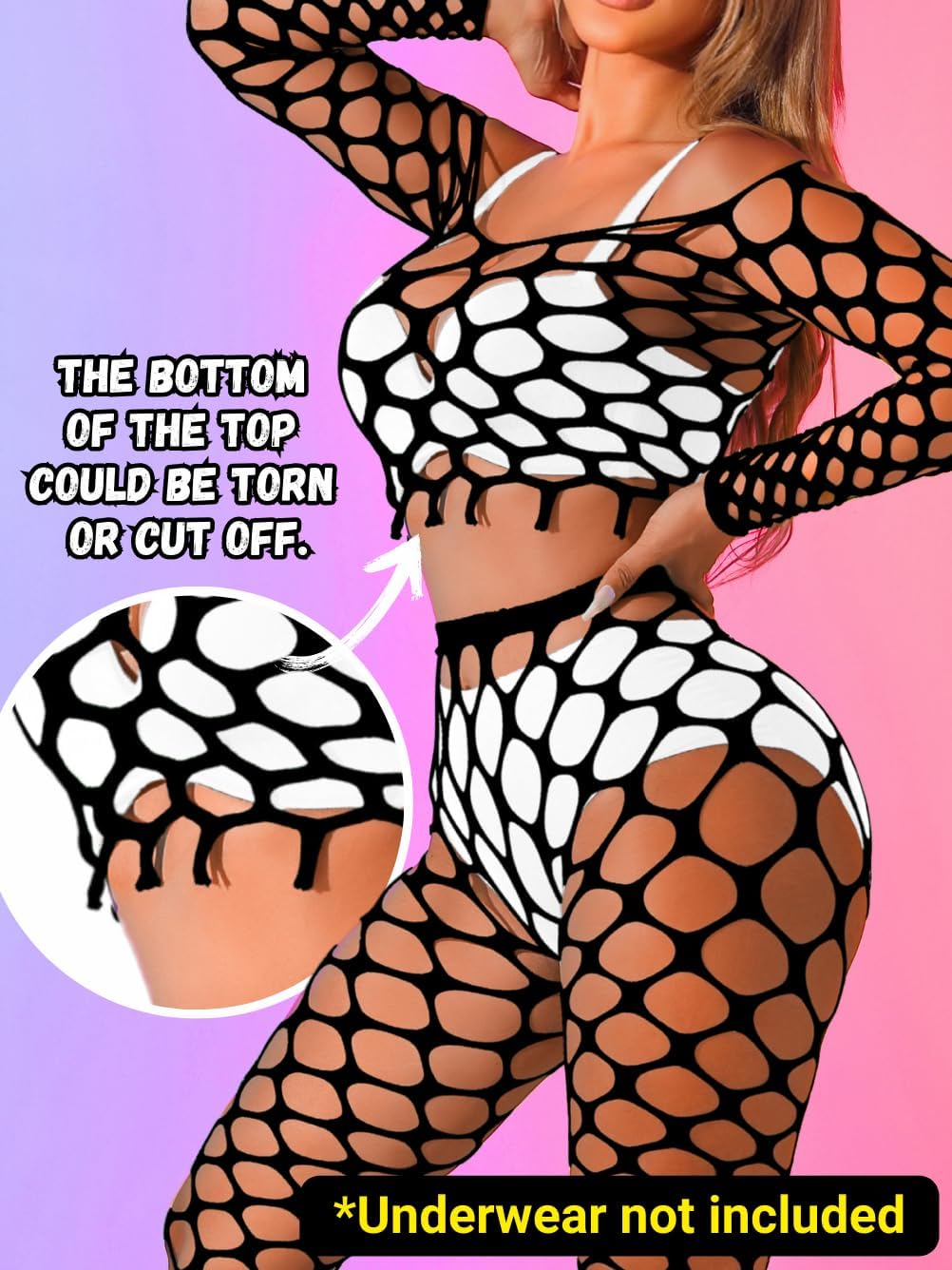 Kaei&Shi Sexy Fishnet Bodysuit Stockings,Mesh Long Sleeve Crop Top Lingerie,Hollow Out Music Festival Rave Outfits - Image 2