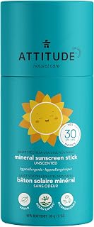 ATTITUDE Sunscreen Stick for Baby and Kids, Broad Spectrum UVA/UVB, Plastic-free, Hypoallergenic, Plant and Mineral-Based Formula, Vegan and Cruelty-free Sun Care Products, SPF 30, Unscented, 85 grams
