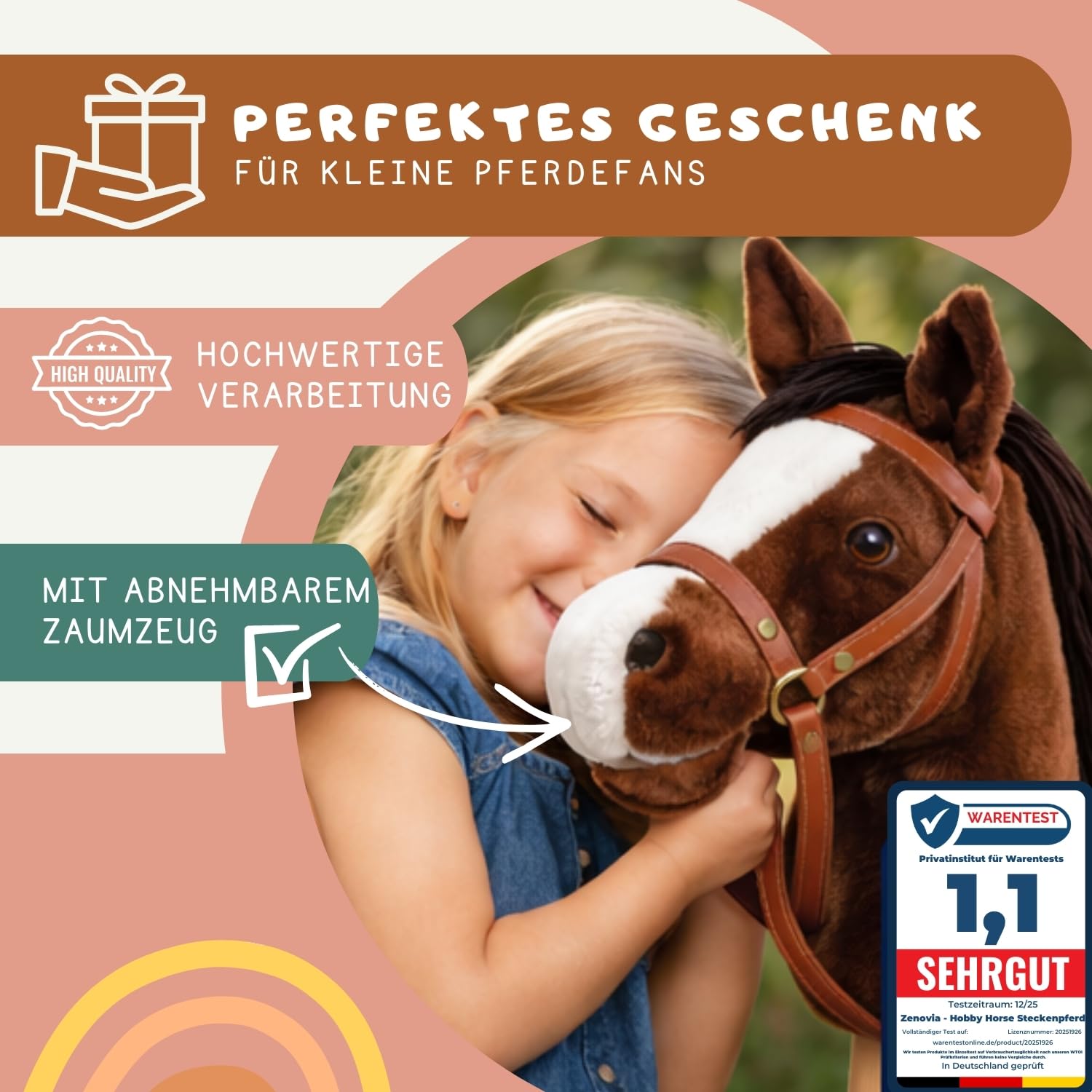 Zenovia Hobby Horse Steckenpferd Braun – Turnierfähiges Stockpferd ab 3 bis 6 Jahren Jahren – ohne Räder, Griffe & Geräusche – leicht & realistisch – für Hobby Horsing – in Geschenkverpackung