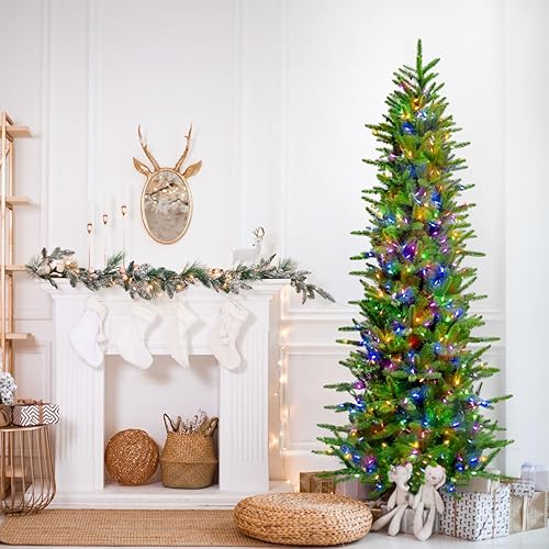 Miniatura 37 de Fraser Hill Farm Árbol de Navidad artificial de pino carmel delgado de 7.5 pies con luces inteligentes incandescentes blancas y soporte, árbol falso