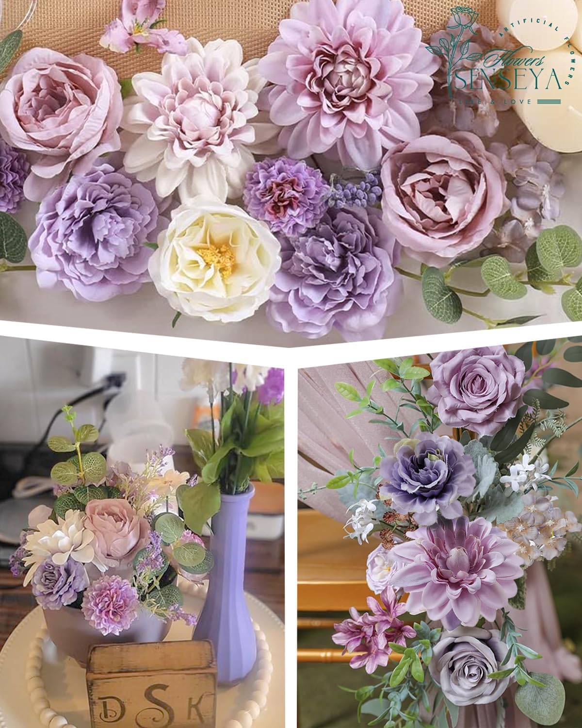 Senseya Artificial Flowers Combo Set, Purple Silk Roses, Peonies, Dahlias with Stems for DIY Wedding Bouquets, Baby Shower, Table Centerpieces, Home Decor, Fake Floral Arrangements, Party Decorations - Image 4