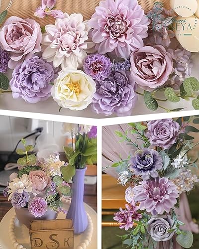 Miniatura 4 de Senseya - Juego de flores artificiales, rosas de seda púrpura, peonías, dalias con tallos para ramos de boda, baby shower, centros de mesa,