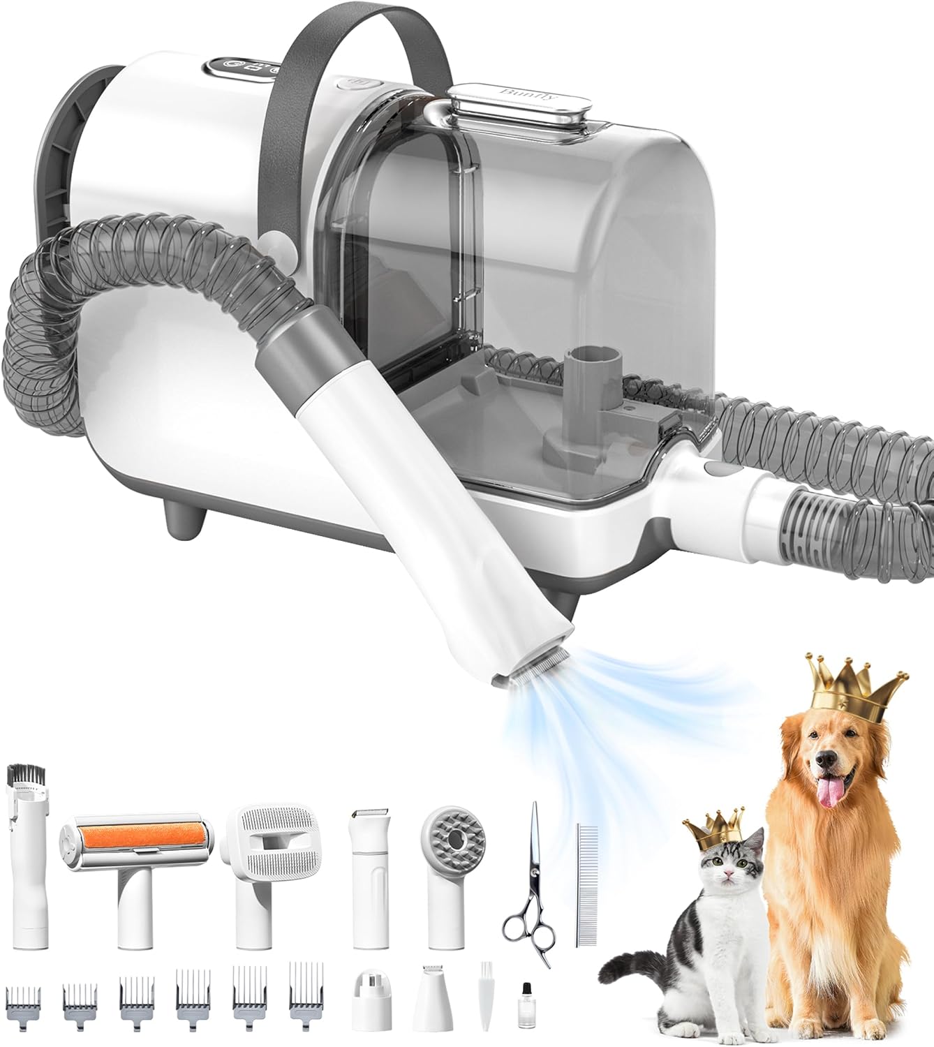 Bunfly Dog Grooming Kit,13000Pa Strong Grooming & Vacuum Suction 99.99% Pet Hair, 16 Pet Grooming Tools for Dogs Cats, 3L Large Capacity Dust Cup, Quiet Pet Vacuum Groomer (Grey)