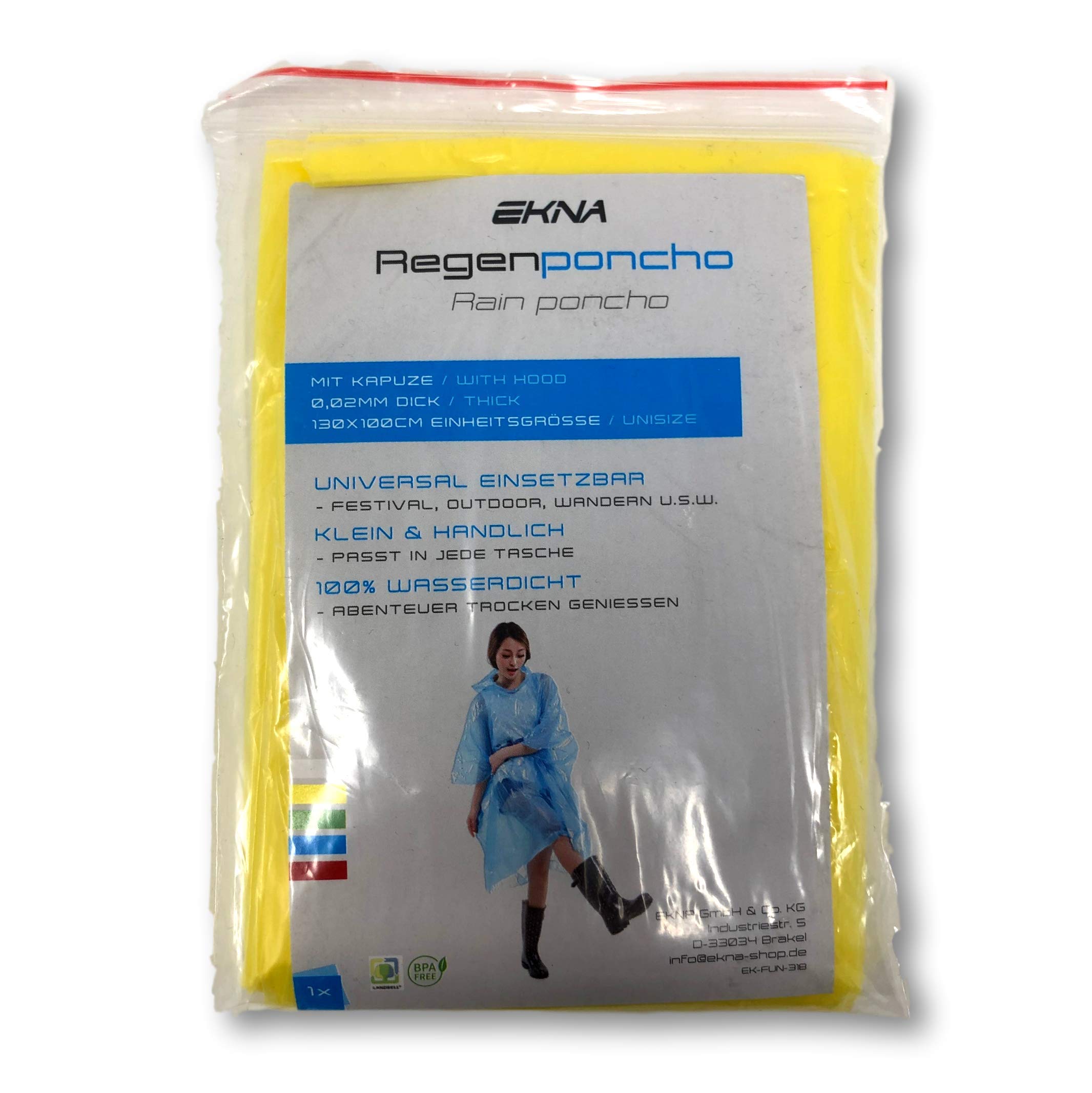 EKNA Poncho de pluie jetable - 5x Cape de pluie - Ponchos pour femmes et hommes avec capuche pour festival, concert, randonnée, vélo, camping