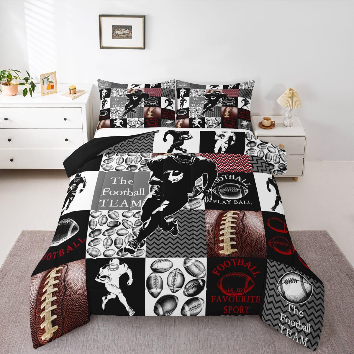 Feelyou Football Comforter Set King Size Sports Geometric Black Patchwork Bedding Set for Kids Boys Girls Rugby Gaming Sports Duvet Quilt Bedroom Decor Microfiber 3 Pcs with 2 Pillow Cases