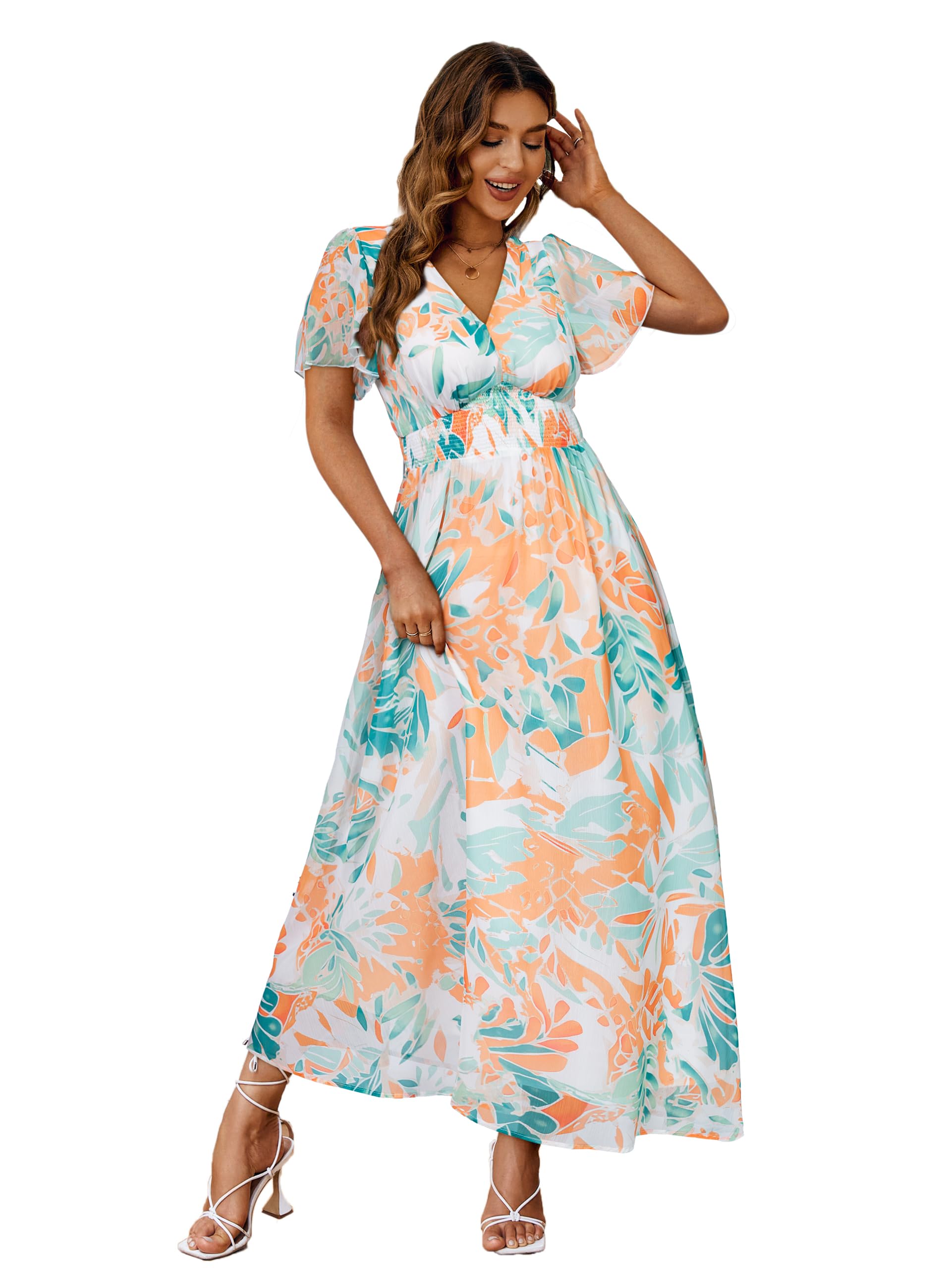 Simplee Women's Boho Floral Maxi Dress Flowy Casual V Neck Short Sleeve Wedding Guest Holiday Beach Long Dress