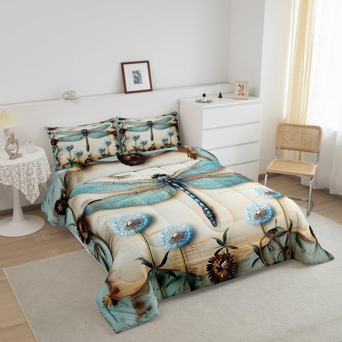 Dragonfly Dandelion Bedding Set King,Teal Blue Flying Dragonflies Comforter Set Wooden Rustic Plant Leaves Down Comforter,Farmhouse Floral Botanical Duvet Insert for Kids Boys Girls Bedroom Decor