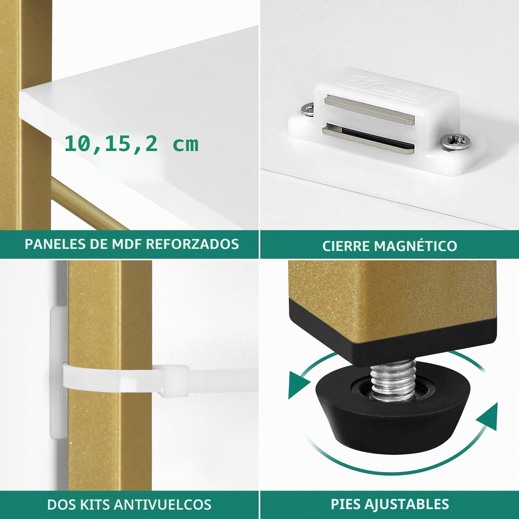 YITAHOME Estantería con Armario de Almacenamiento, Estante de 5 Niveles con Puertas para Dormitorio, Sala de Estar, Oficina, Blanco y Dorado