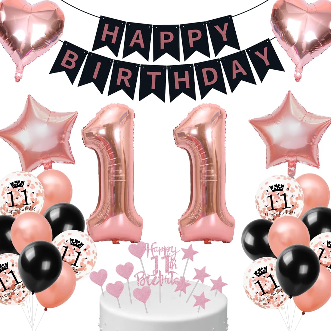 Cadimus Deko 11. Geburtstag Mädchen Schwarz Roségold,11. Geburtstag Luftballon,Geburtstagsdeko 11 jahre Frauen,Ballon Dekorationsset für 11 ter,Ballons für Geburtstagsfeier Deko