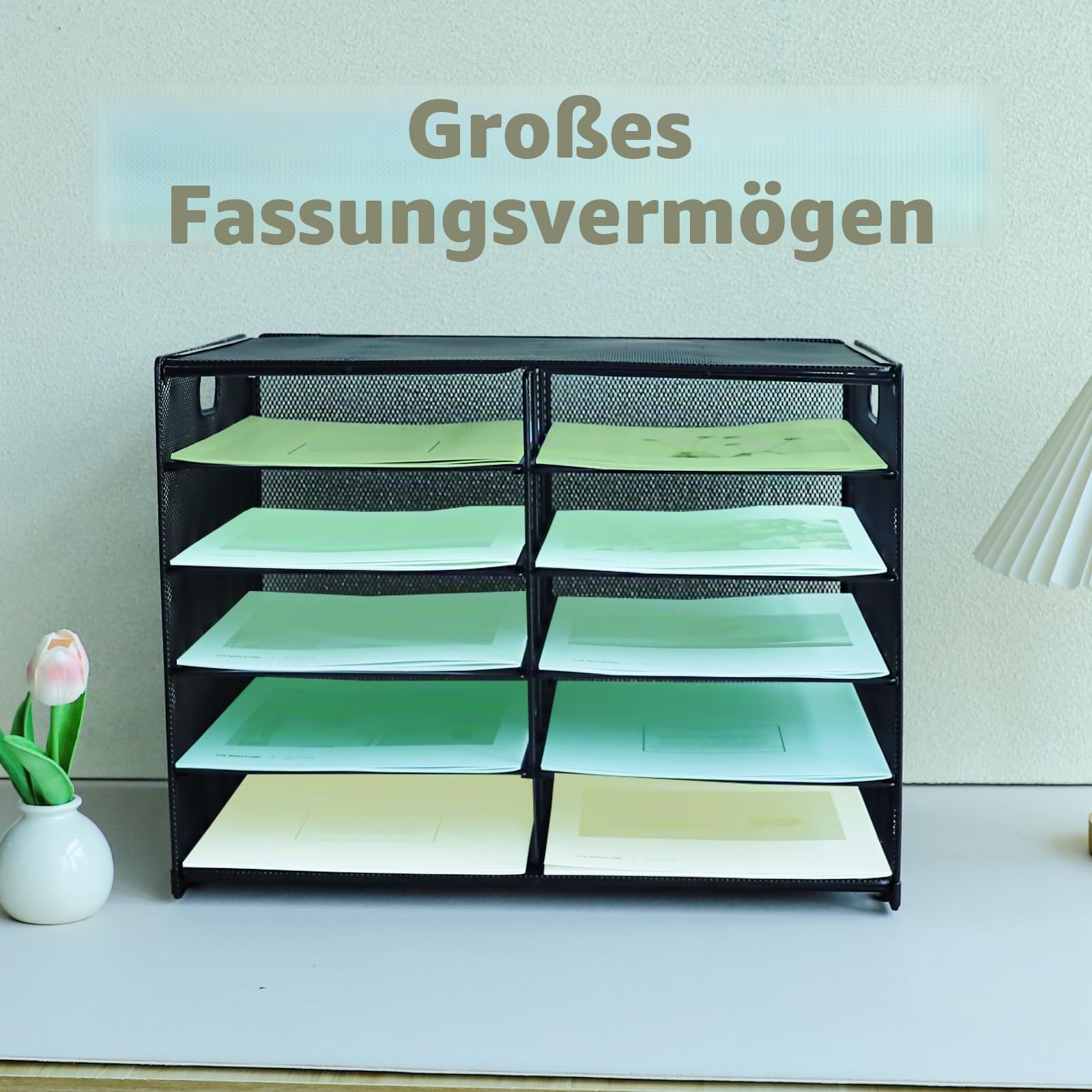 Papier-Briefablage mit Griff, 10 Etagen, Metallgitter, Schreibtisch-Organizer, A4-Papier-Schreibtisch-Ablagen für Heimbüro, Schwarz