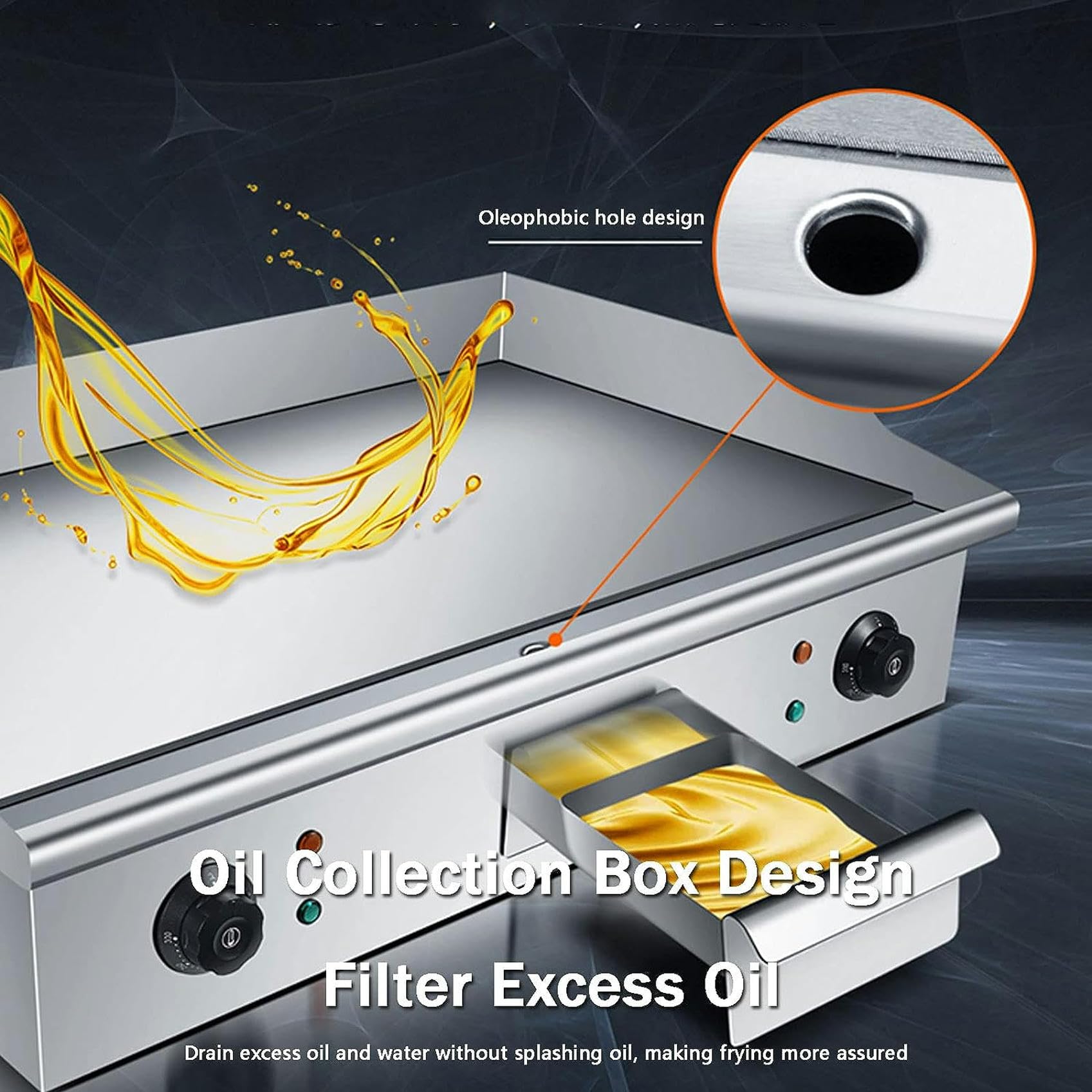 Piastra per barbecue da banco con piastra calda, 4400 W, in acciaio inox, teppanyaki, con doppio controllo della temperatura e foro per perdite di olio, per cucina e ristorante