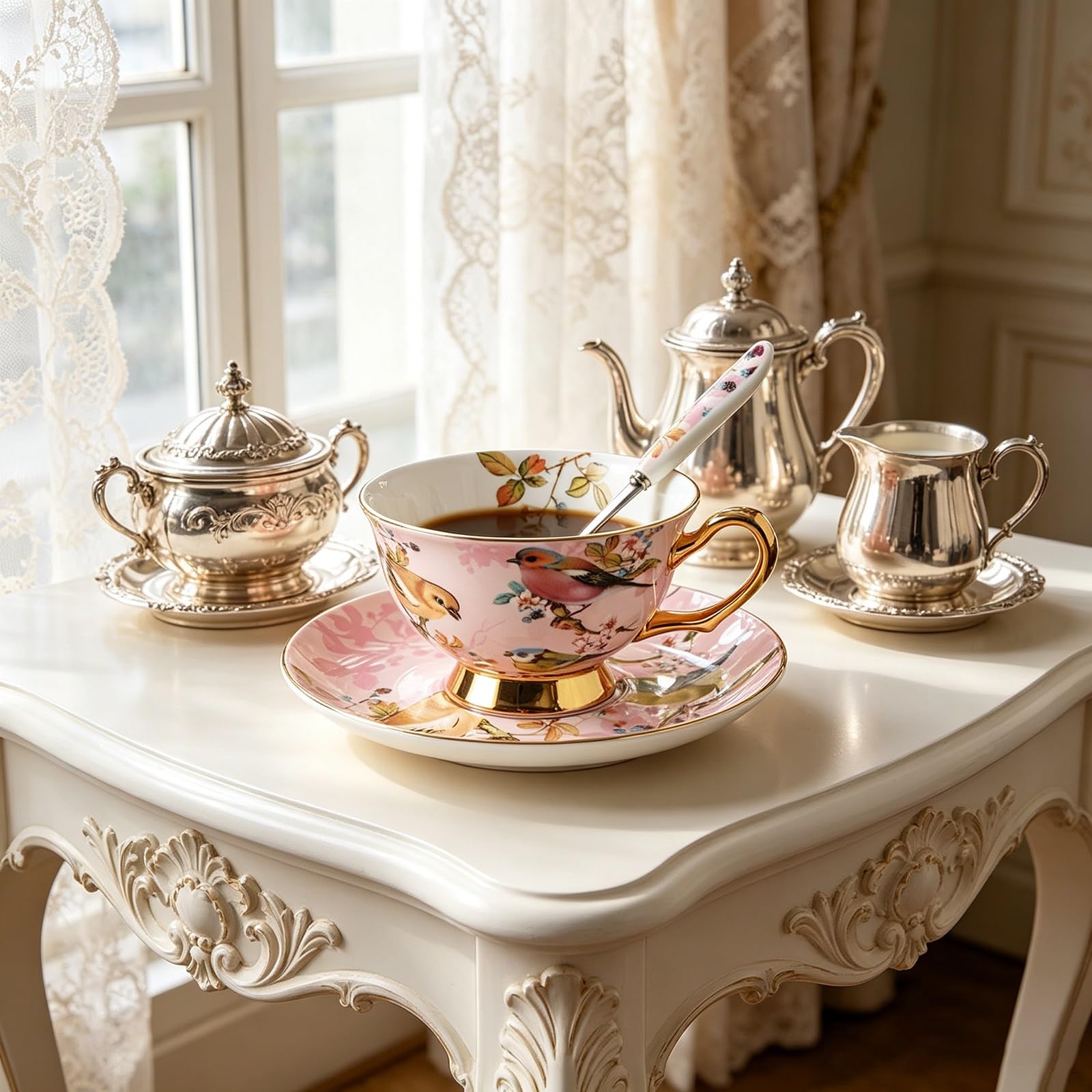 Zestaw filiżanek i spodków z porcelany kostnej łyżeczką | Wielokolorowy zestaw filiżanek z porcelany kostnej ze spodkiem do popołudniowej herbaty na śniadanie(Blue)