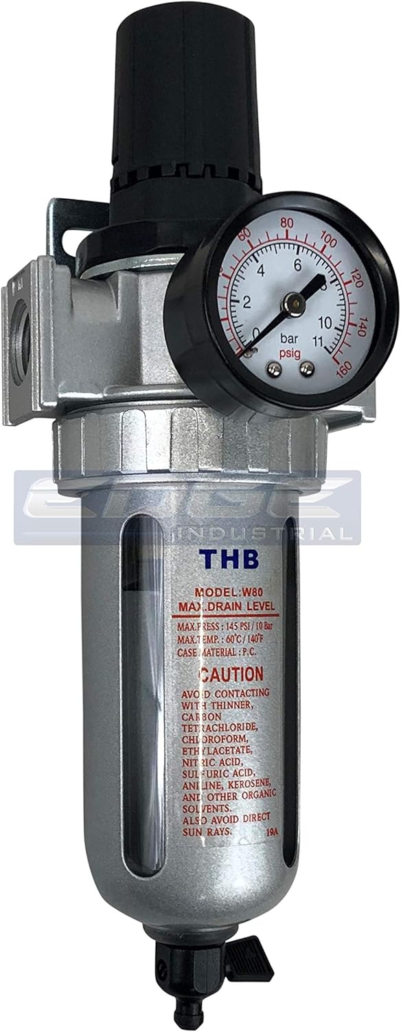 T-H-B CO EDGE INDUSTRIAL in-LINE Compressed AIR Filter Regulator Combo Piggyback, Poly Bowl and Metal Bowl Guard, 5 Micron Element, Adjustable from 7 to 145 PSI (1/2" NPT)