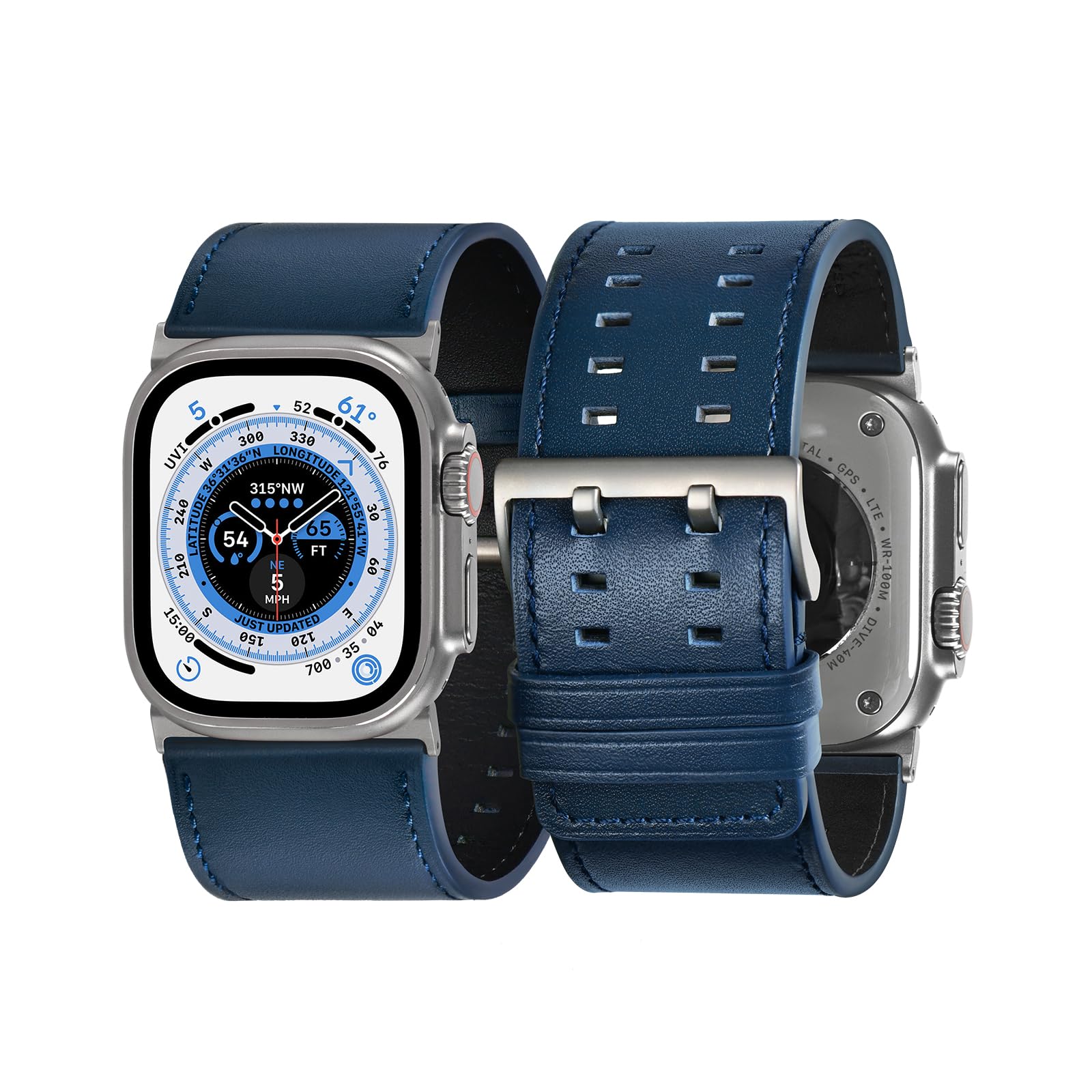 Tefeca Dual Series Bracelet de rechange compatible avec Apple Watch/Apple Watch Ultra (cuir bleu avec adaptateurs argentés, 49/45/44/42 mm)