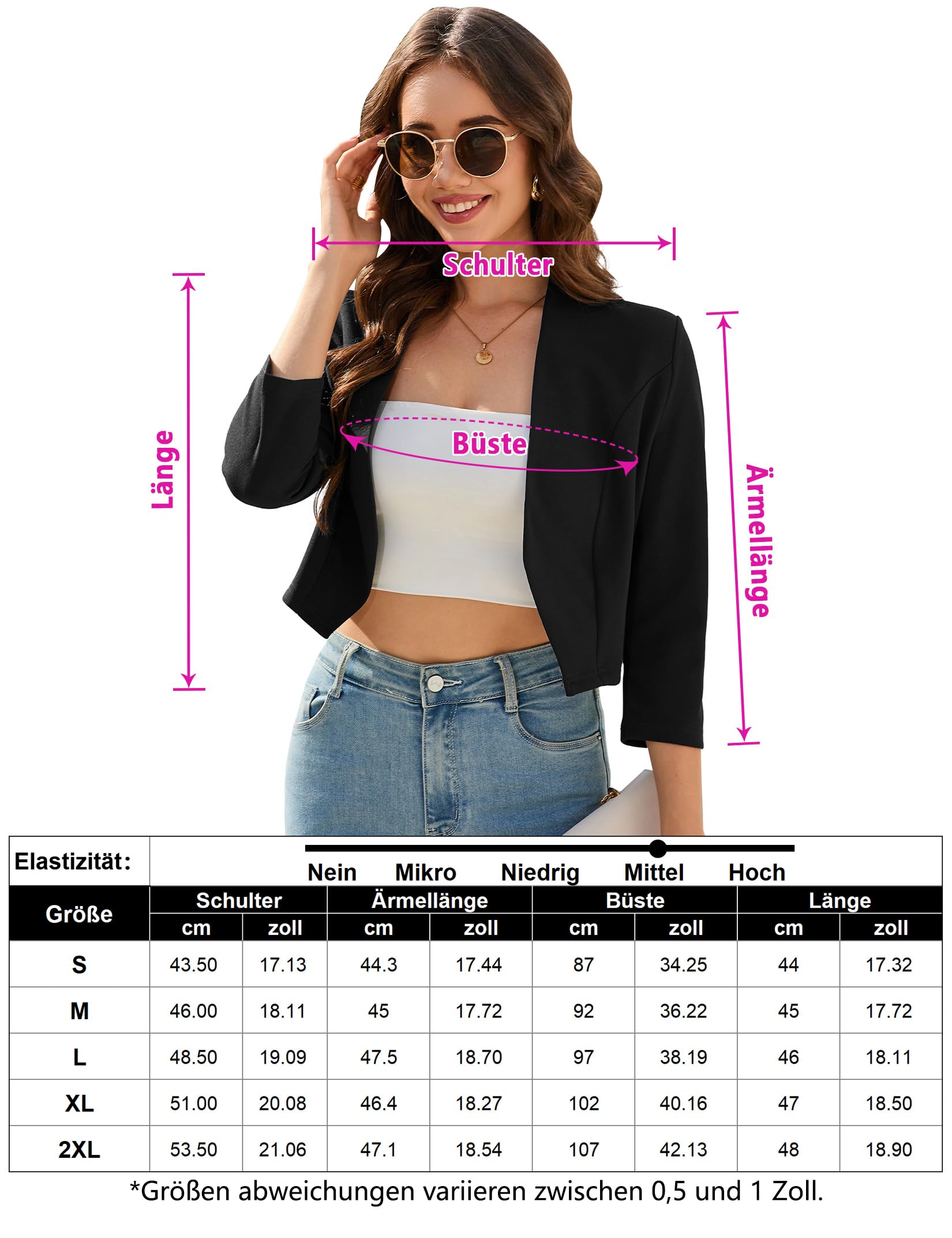 Blazer pour femme - Manches 3/4 - Élégant et décontracté - Veste courte festive