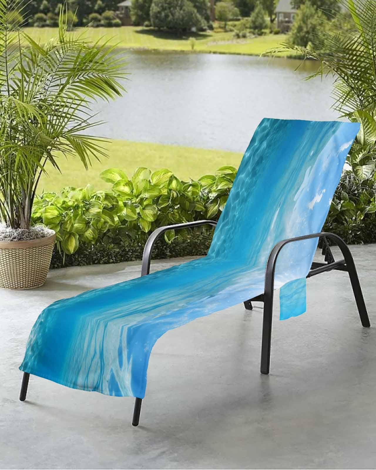 Blue Ocean Seawater Beach Chair Towel Covers for Chaise Lounge with Side Pocket, Soft Plush Pool Towels Cover for Patio Sunbathing Outdoor Underwater Solid Pure Color Summer Sea 29''x85''