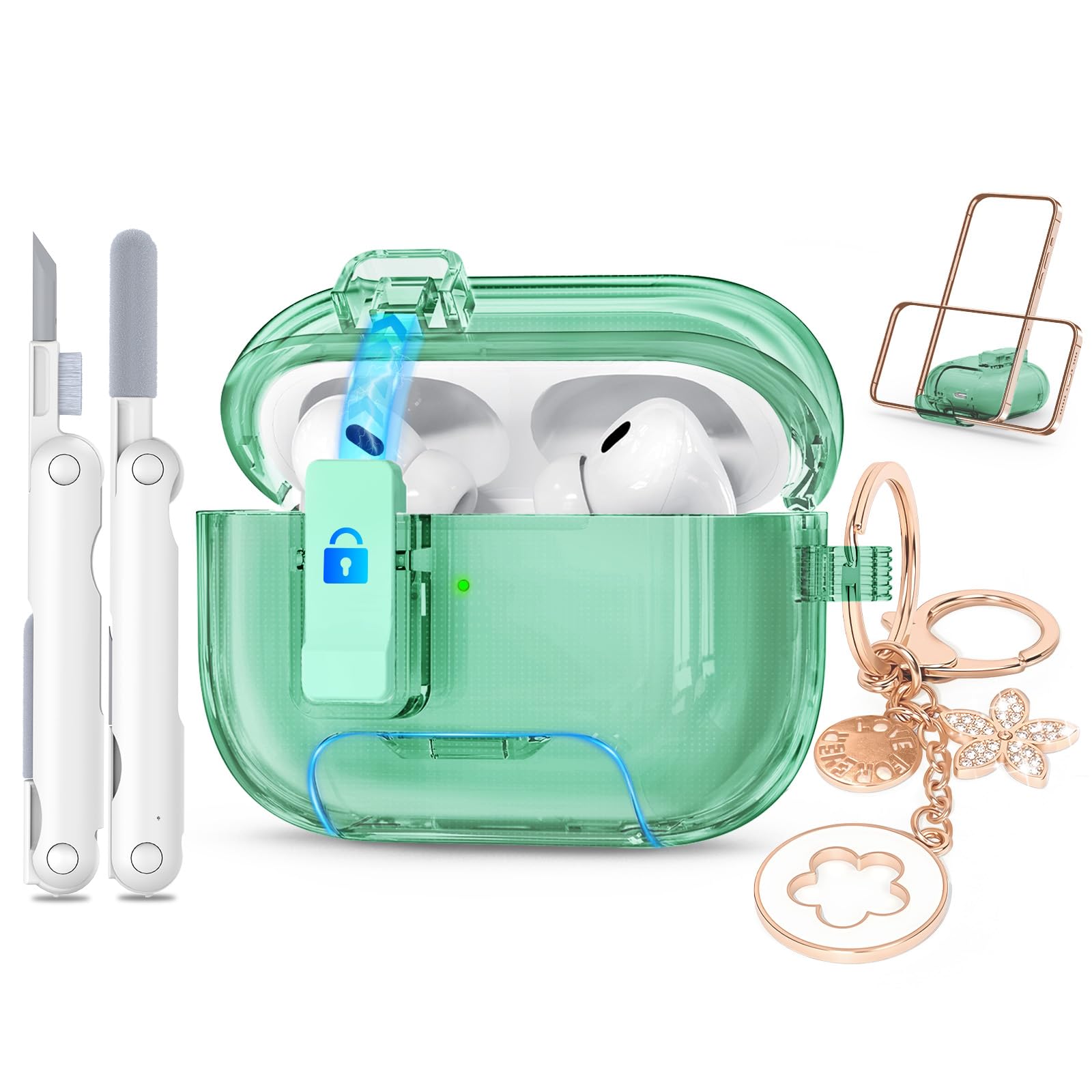 for Airpods Pro 2nd/1st Generation Cases Green with Lock&Bling Keychain for Women&Girly,Cute Soft TPU Clear Case Cove for Airpods Pro 2 Case with