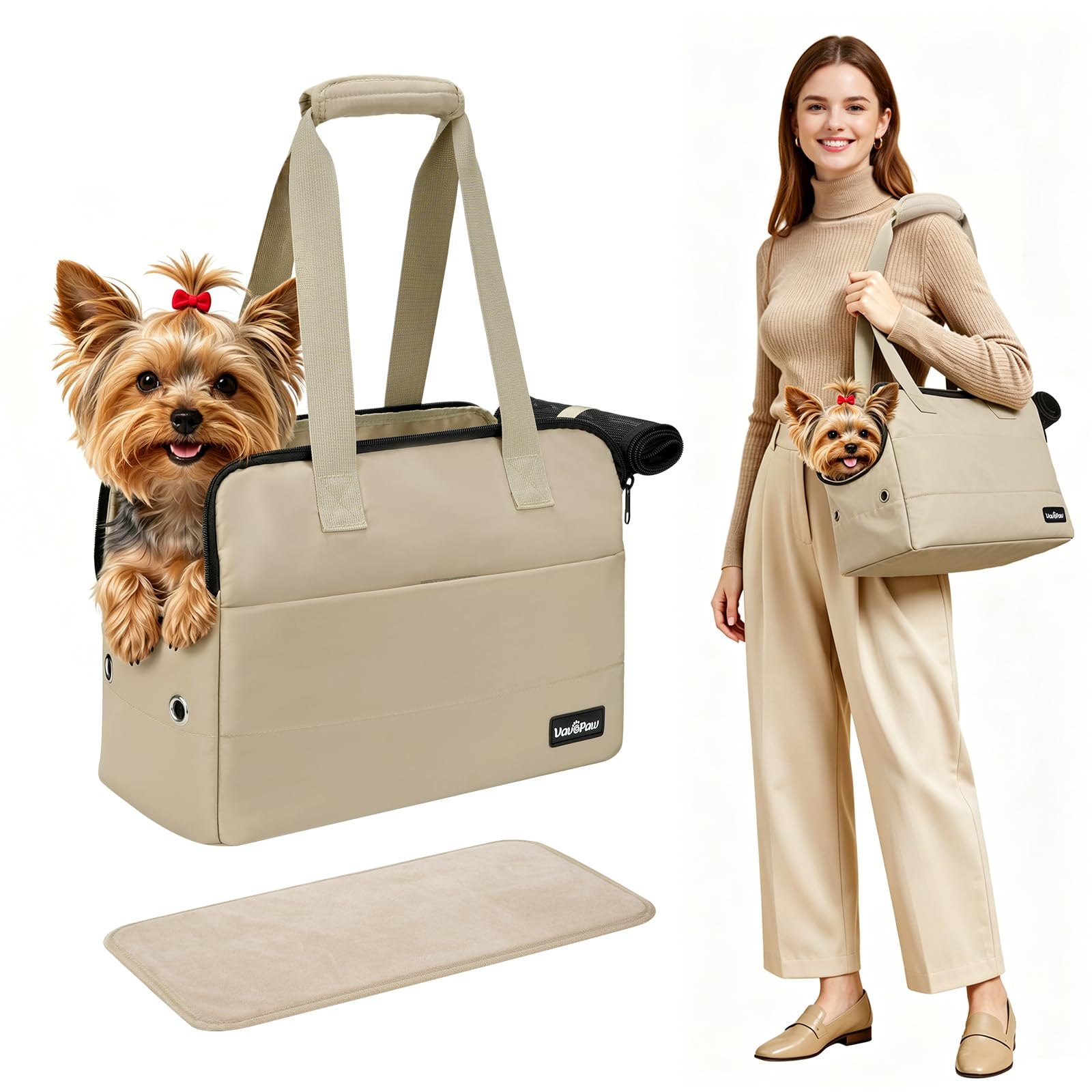 Bolso Transportín para Perros Pequeños, 15" X 11" X 7,9" Transportín De Viaje para Mascotas con Ganchos De Seguridad, Almohadilla De Apoyo Y Múltiples Bolsillos, Transportín Blando para Gatos, Khaki