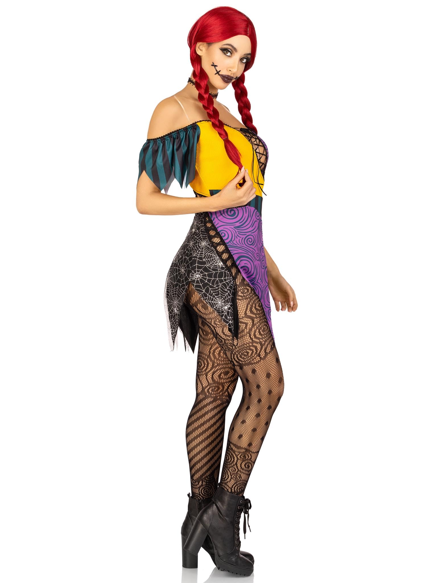 Leg Avenue 3 PC Darling Rag Doll, includes patchwork dress with adjustable lace ups and tattered skirt, detachable clear straps, and skull head choker