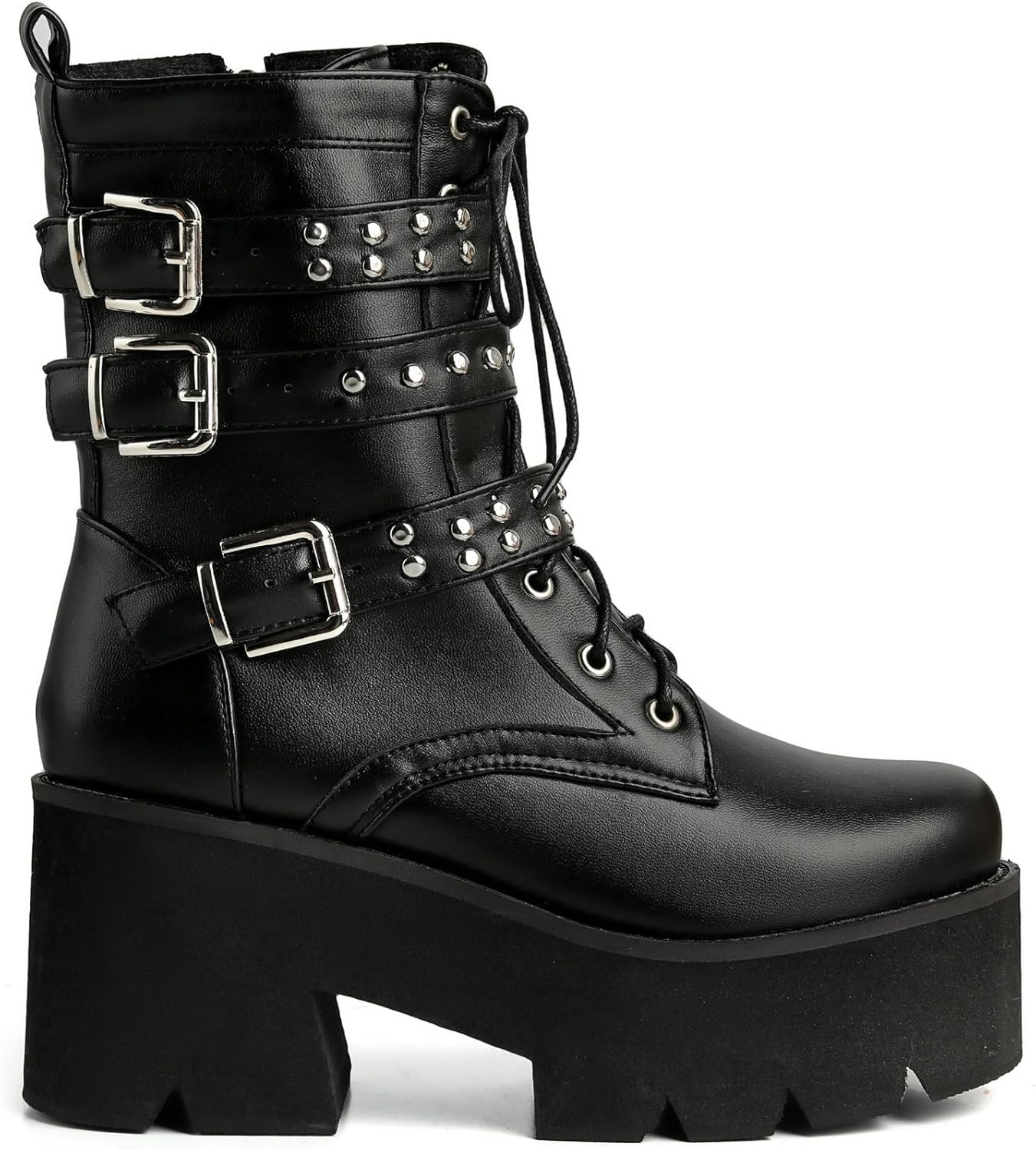 LUXMAX Women Buckle Goth Chunky Platform Ankle Boots Lace Up High Heel Motorcycle Boots with Chain - Image 4