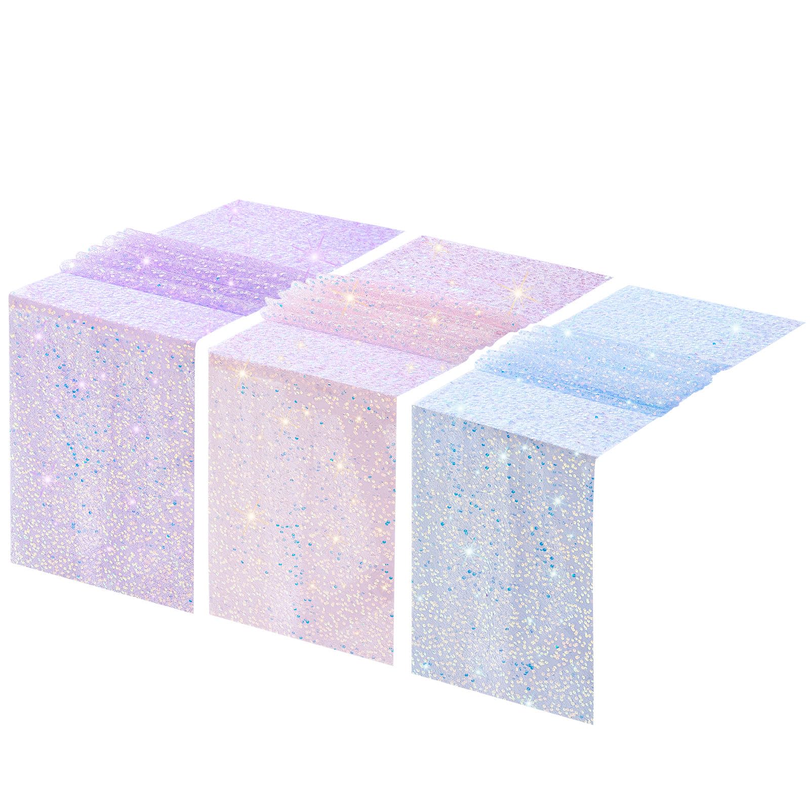 Photo 1 of Windkream 3 Pcs Mermaid Table Runner 12 x 72 Inch Iridescent Sequin Glitter Table Runner Lavender Party Supplies Wedding Birthday Baby Shower Party Decor(Purple, Blue, Pink)
