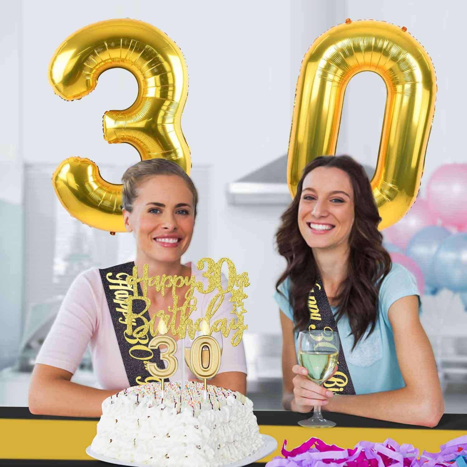 30th Birthday Decorations for Him Her with 30th Birthday Banner, Black and Gold Table Cloth, Number Balloons, Large Sash, Cake Topper and Candles - Image 7