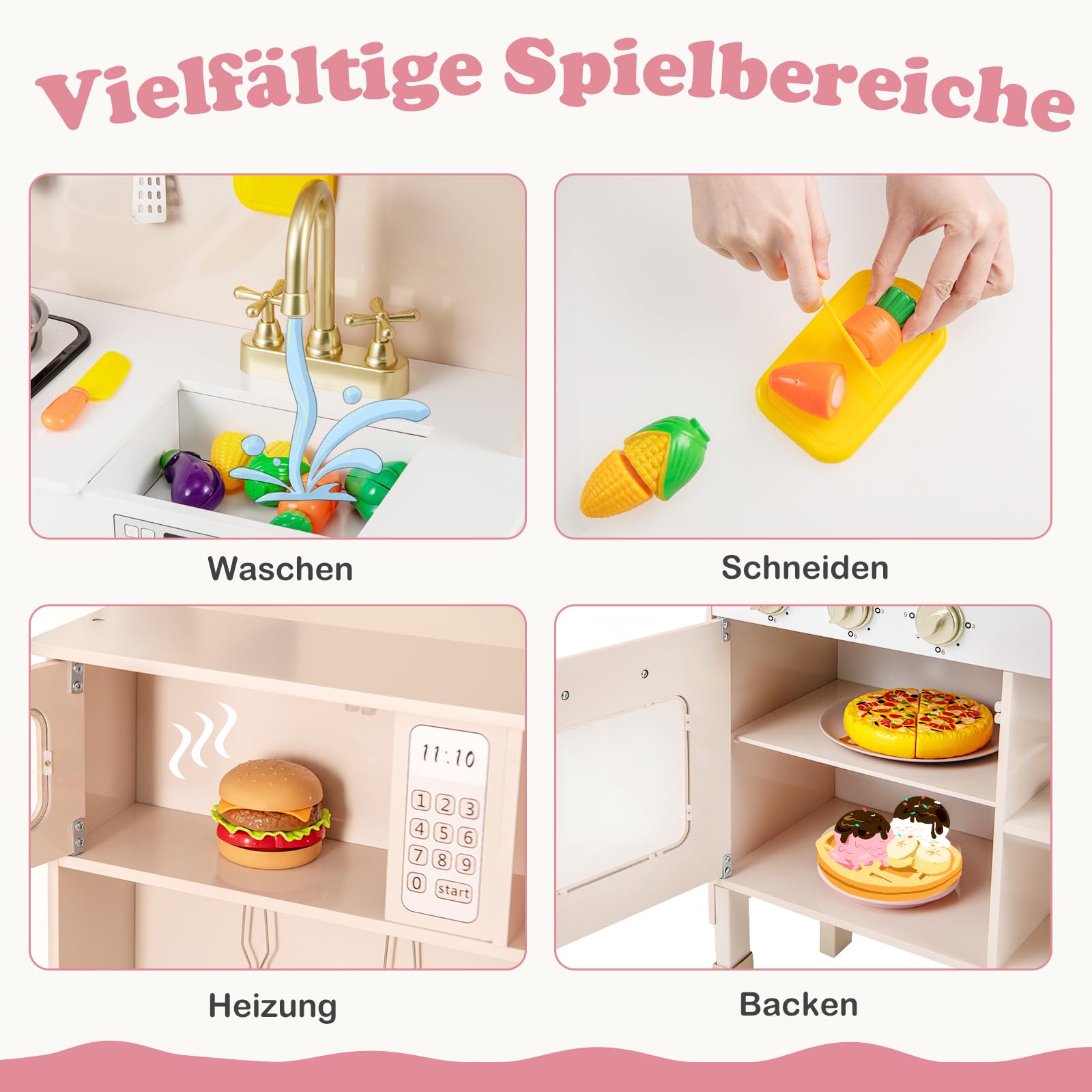 DREAMADE Kinderküche aus Holz, Spielküche mit Geräuschen & Lichtern, höhenverstellbare Holzküche mit Ofen, Mikrowelle, Herdplatte, Spüle & Zubehör, Spielzeugküche mit Stauraum für Kinder ab 3 Jahren