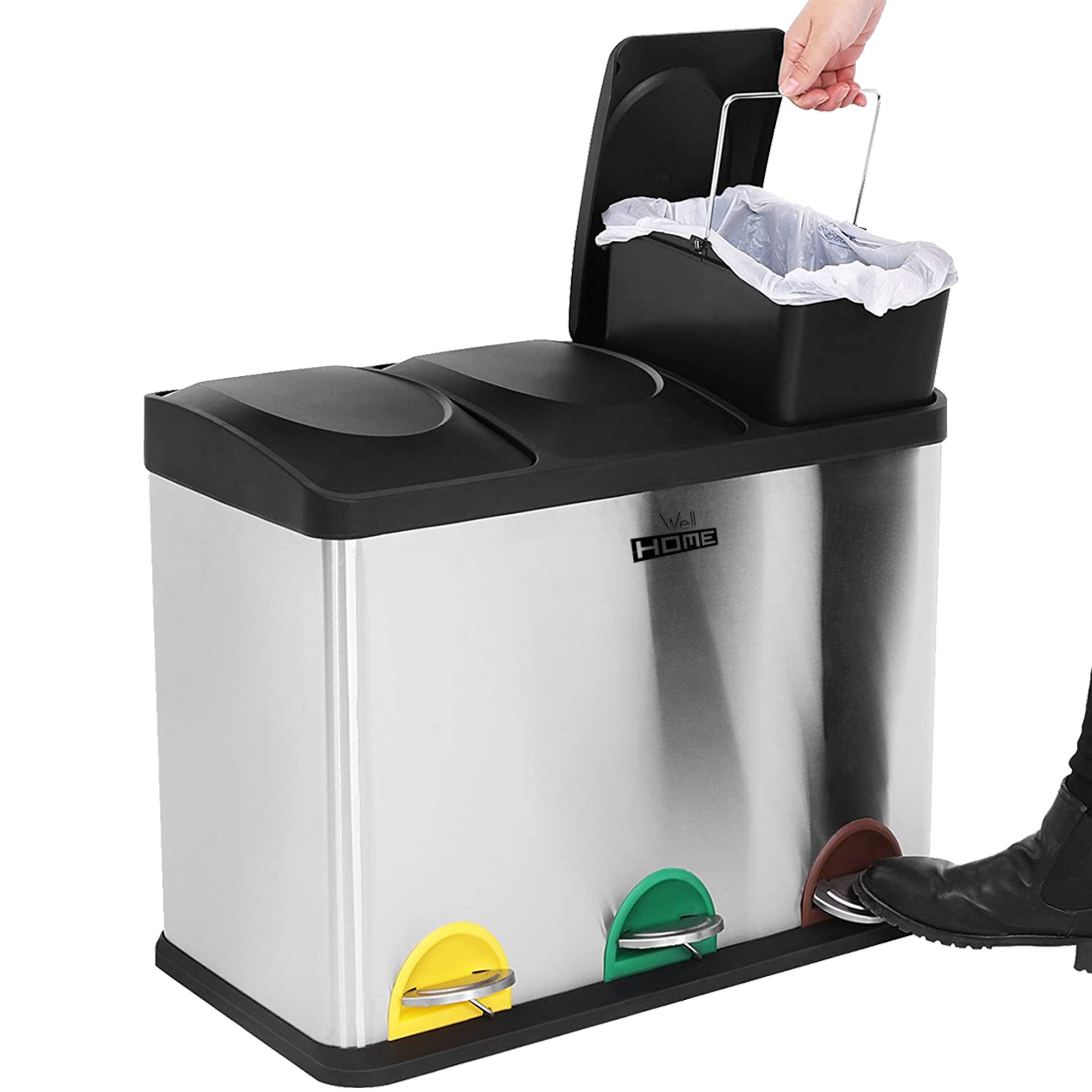 Wellhome - Pattumiera per raccolta differenziata con 3 scomparti, capacità totale 45 litri, ottima capacità, per carta, vetro e plastica, per casa, ufficio, interni, esterno, argento (cromato)
