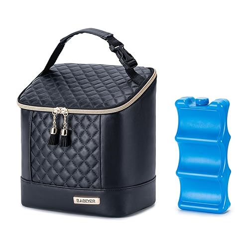 BABEYER Bolsa enfriadora de leche materna con bolsa de hielo para 3 biberones de hasta 9 onzas, bolsa de cuero vegano para bomba de leche materna,