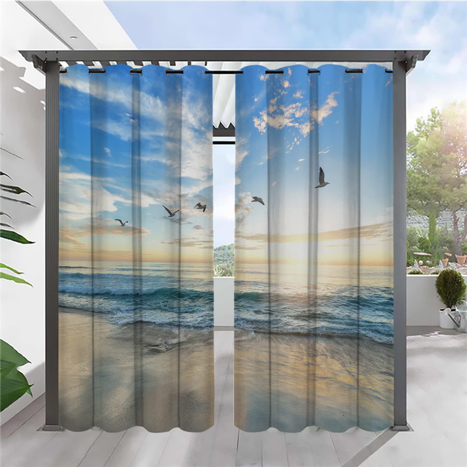 Outdoor Vorhang Wetterfest 2 Stück B132 x H213cm Atemberaubender Meerblick 3D Gedruckt Outdoor Vorhänge Wasserdicht mit Ösen, Outdoor Gardinen Sichtschutz für Balkon Terrasse Veranda Pergola