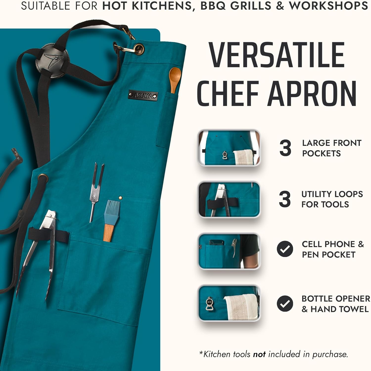 Asaya Chef and BBQ Apron with Bottle Opener and Hand Towel - 10oz Cotton Canvas, Stainless Steel Hardware - Cross Back Straps - Image 2