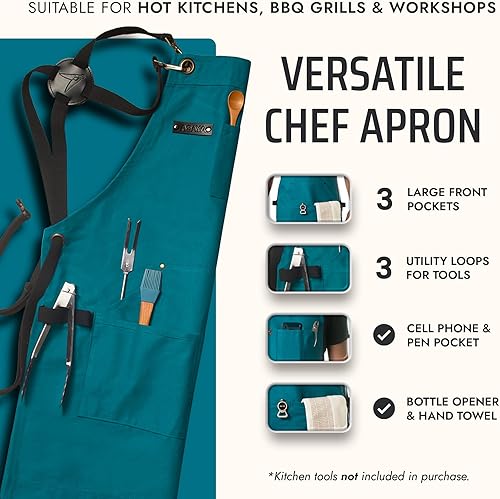 Miniatura 2 de Asaya - Delantal de chef para hombres y mujeres más toalla de mano y abrebotellas, de lona de 10 onzas
