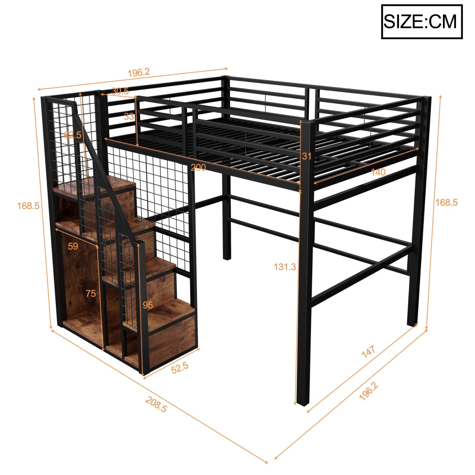 PUGSDRLY Lit Mezzanine Enfant 140x200cm,Lit Mezzanine 2 Places avec échelle de Rangement et Plaque à Mailles en Métal,Design de Clôture Haute,pour Enfant Adolescent (Noir-140)