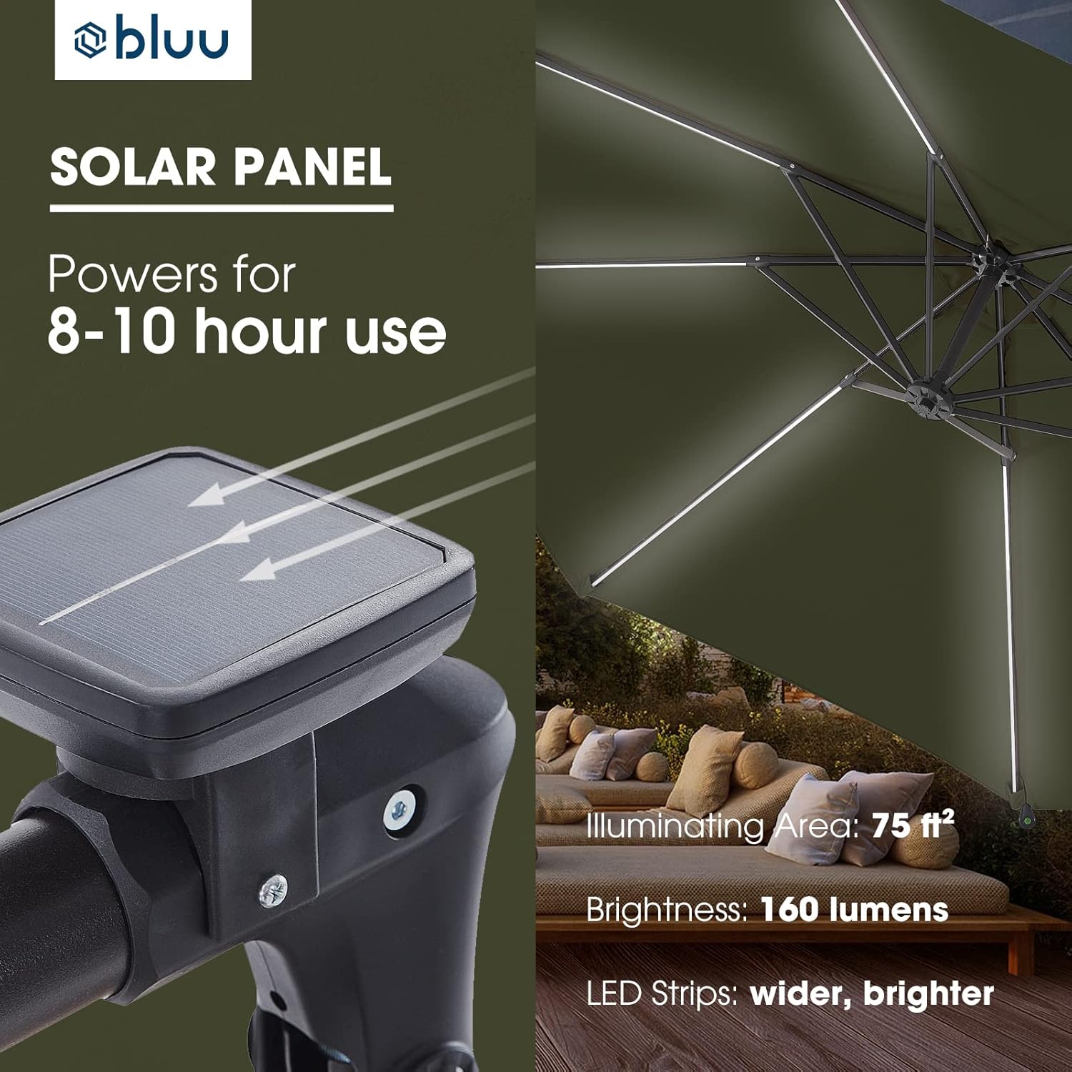 BLUU 10 FT Patio Offset Umbrella Outdoor Cantilever Umbrella Hanging Umbrellas, Fade Resistant Crank & Cross Base (Olive Green, 10 FT WITH LIGHTS)