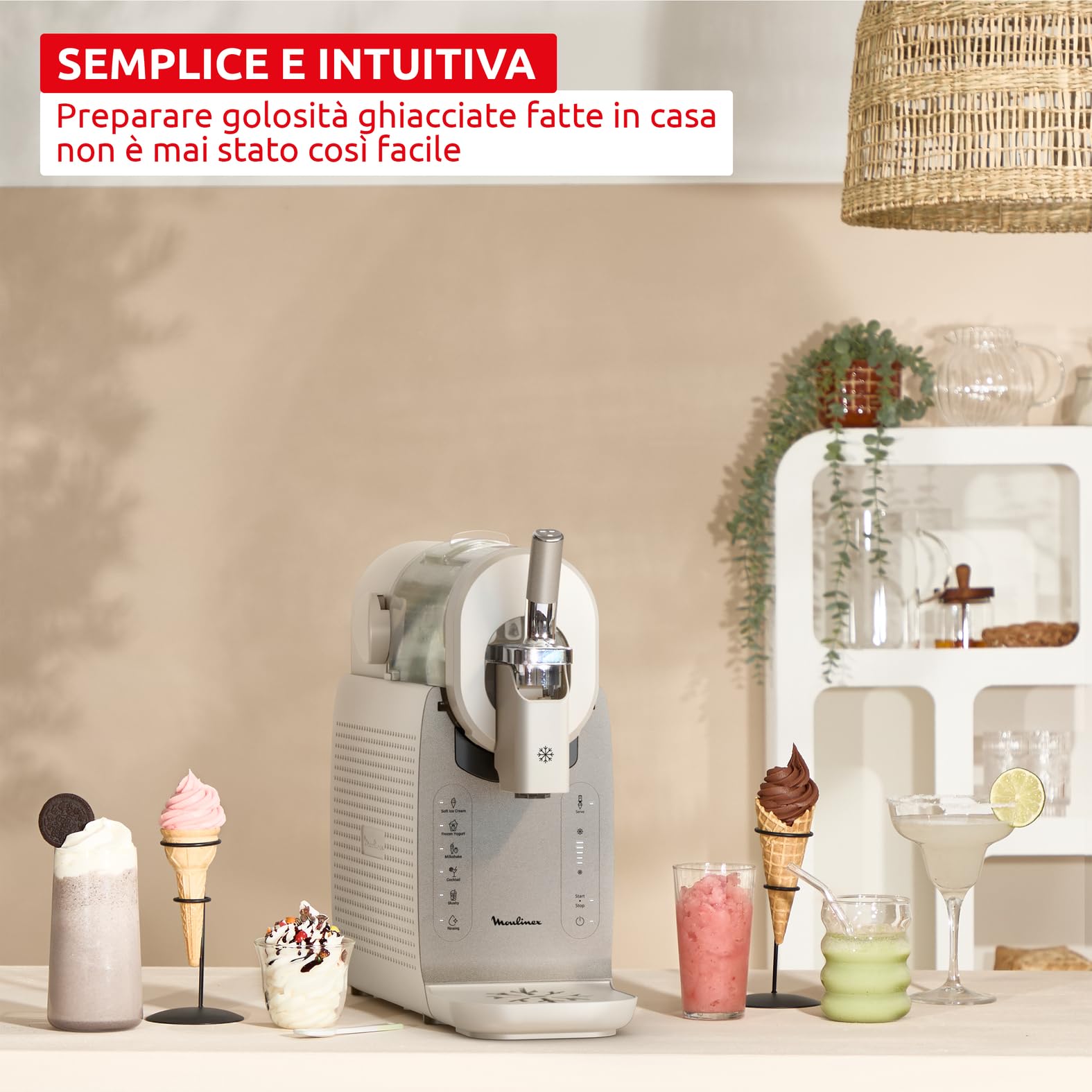 Moulinex Freezi, Gelatiera e Macchina Bevande Ghiacciate 16-in-1, per Preparare Gelati, Sorbetti, Granite, Frozen Yogurt, 5 Programmi, 200W, Colore Argento Premium, MJ803A