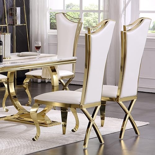 Miniatura 4 de ACEDÉCOR Juego de mesa de comedor de lujo de 5 piezas para 4, juego de cocina y comedor con 4 sillas de comedor de cuero blanco, mesa de comedor