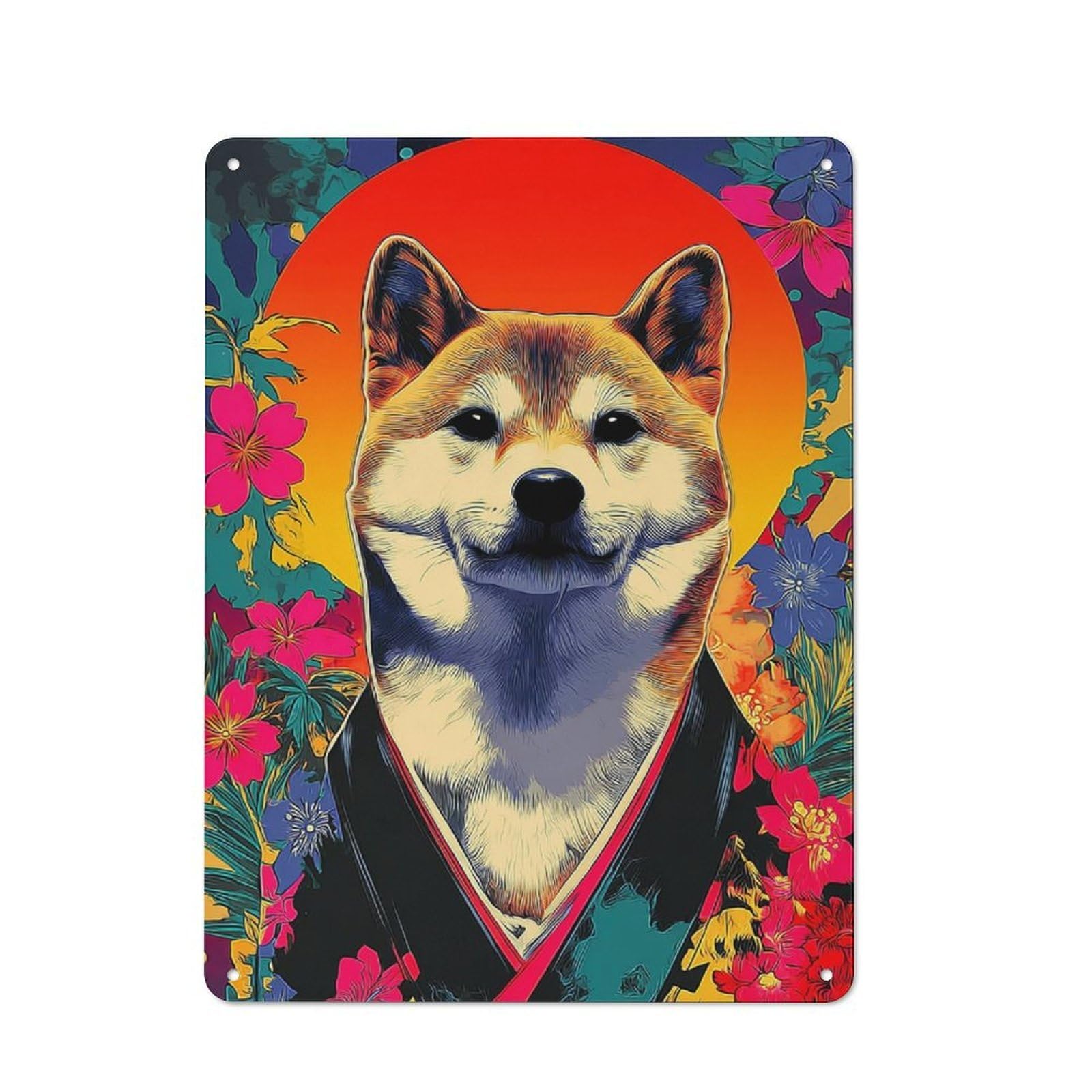 Nostalgic Vibrant Floral Shiba Inu Portrait Metal Wall Sign 40x30cm, Classic Pub Decor for Bar, Kitchen, Garage Or Games Room